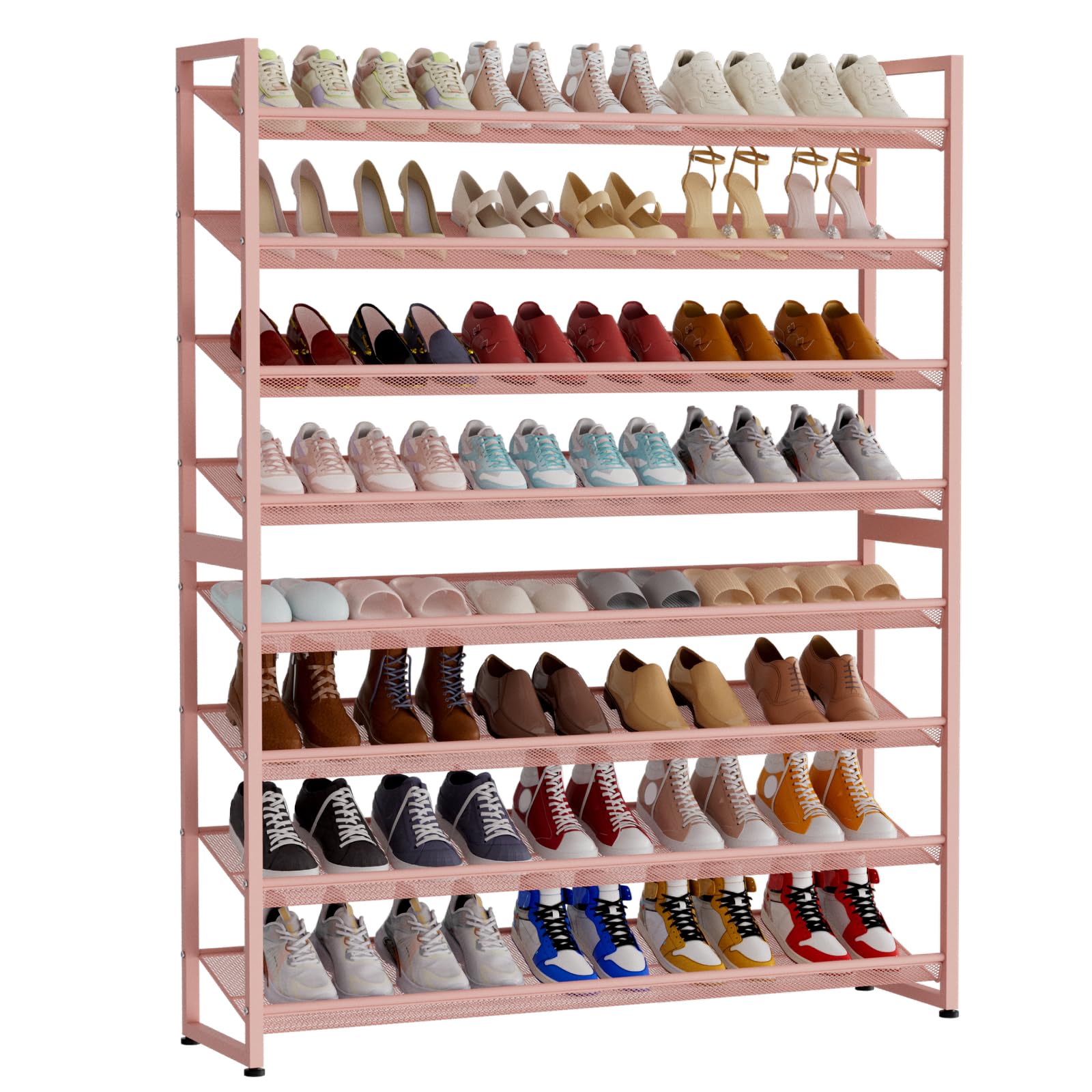 NEYCIL Large Shoe Rack 8 Tier Shoe Organizer, Heavy Duty Metal 4-Tier Stackable Shoe Storage Vertical Shoe Rack for Closet Front Door Entrance, Up to 50 Pairs, 114cm W x 29cm D x 144cm H, Pink — image 1