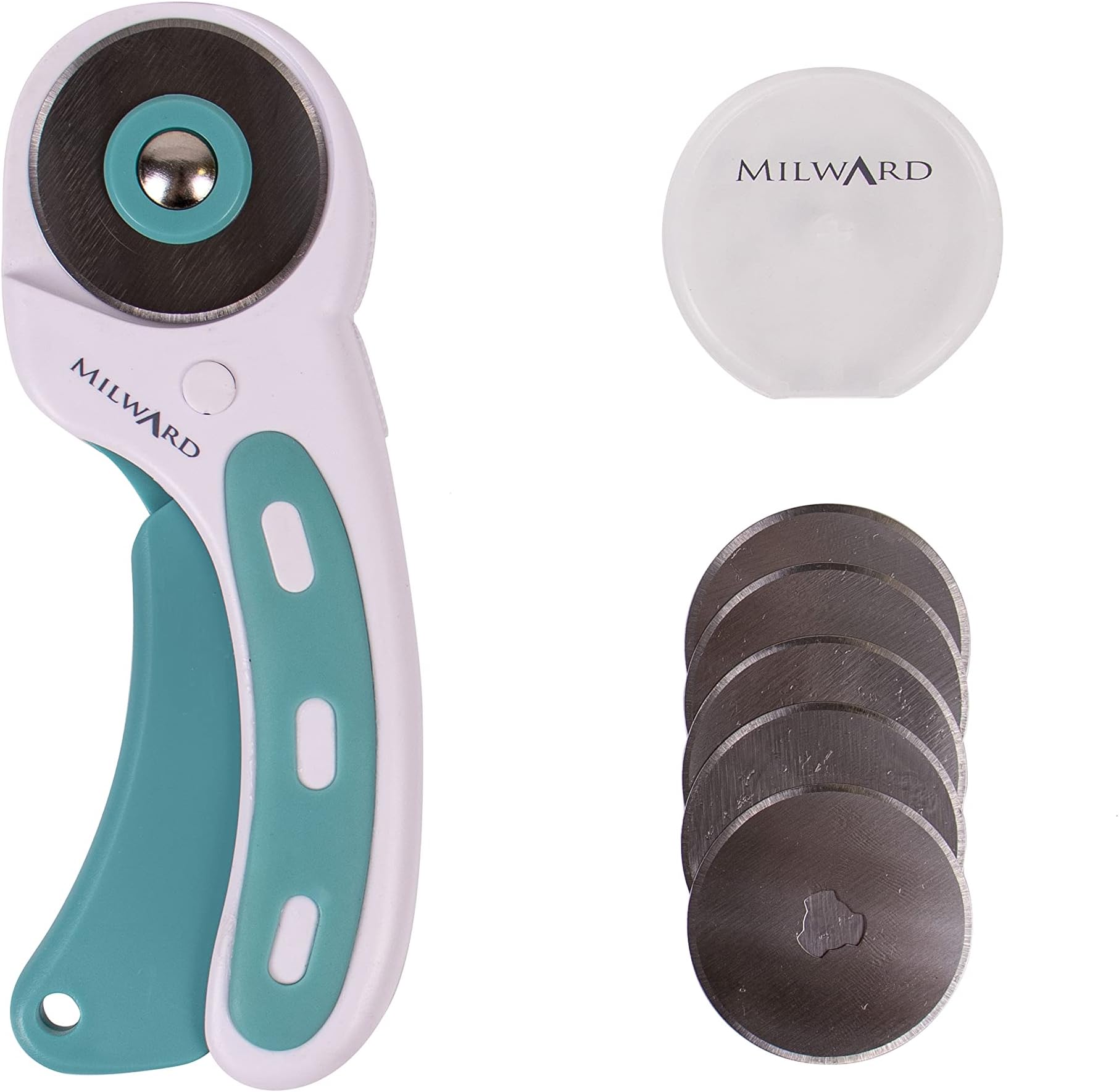Milward 45mm Rotary Cutter & 5 Spare Blades, Ergonomic Handle with Safety Lock, Left & Right-Handed Fabric, Leather, Crafting, Sewing, Quilting, Fabric Rotary Cutter, Turquoise & White