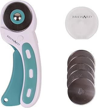 Milward 45mm Rotary Cutter for Fabric - Fabric Cutter Wheel w/ 5 Spare Blades, Ergonomic Handle with Safety Lock, Left & Right-Handed Cutting Wheel for Dressmaking, Leather, Craft, Sewing - Turquoise