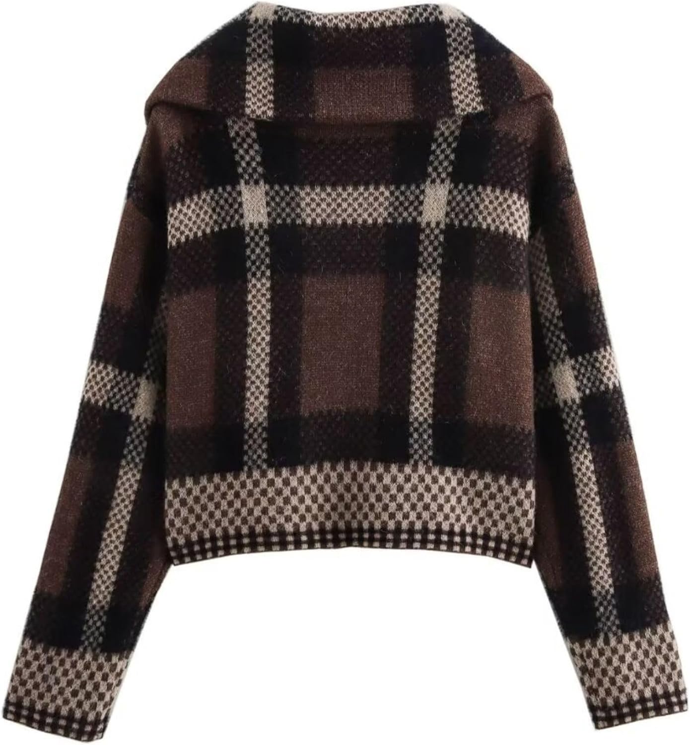 Chevara Women’s Checkered Cardigan Sweater Vintage Lapel Collar Long Sleeve Zip Up Knit Sweatshirt Jacket - Image 4