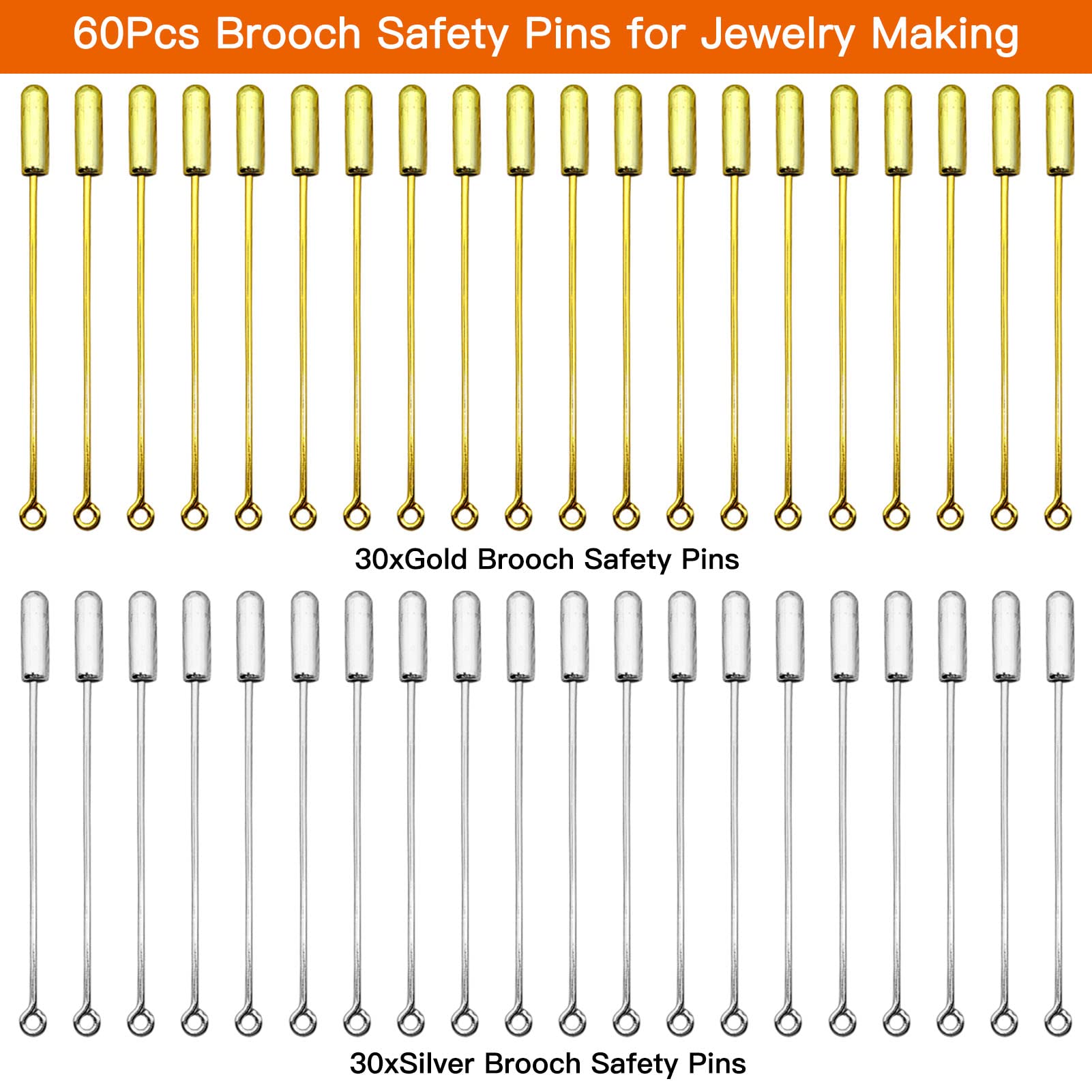 60 broches de seguridad para la fabricación de joyas, broche de metal con extremos de tope para disfraz de bricolaje, alfiler de corbata, accesorios para hacer joyas (oro, plata)