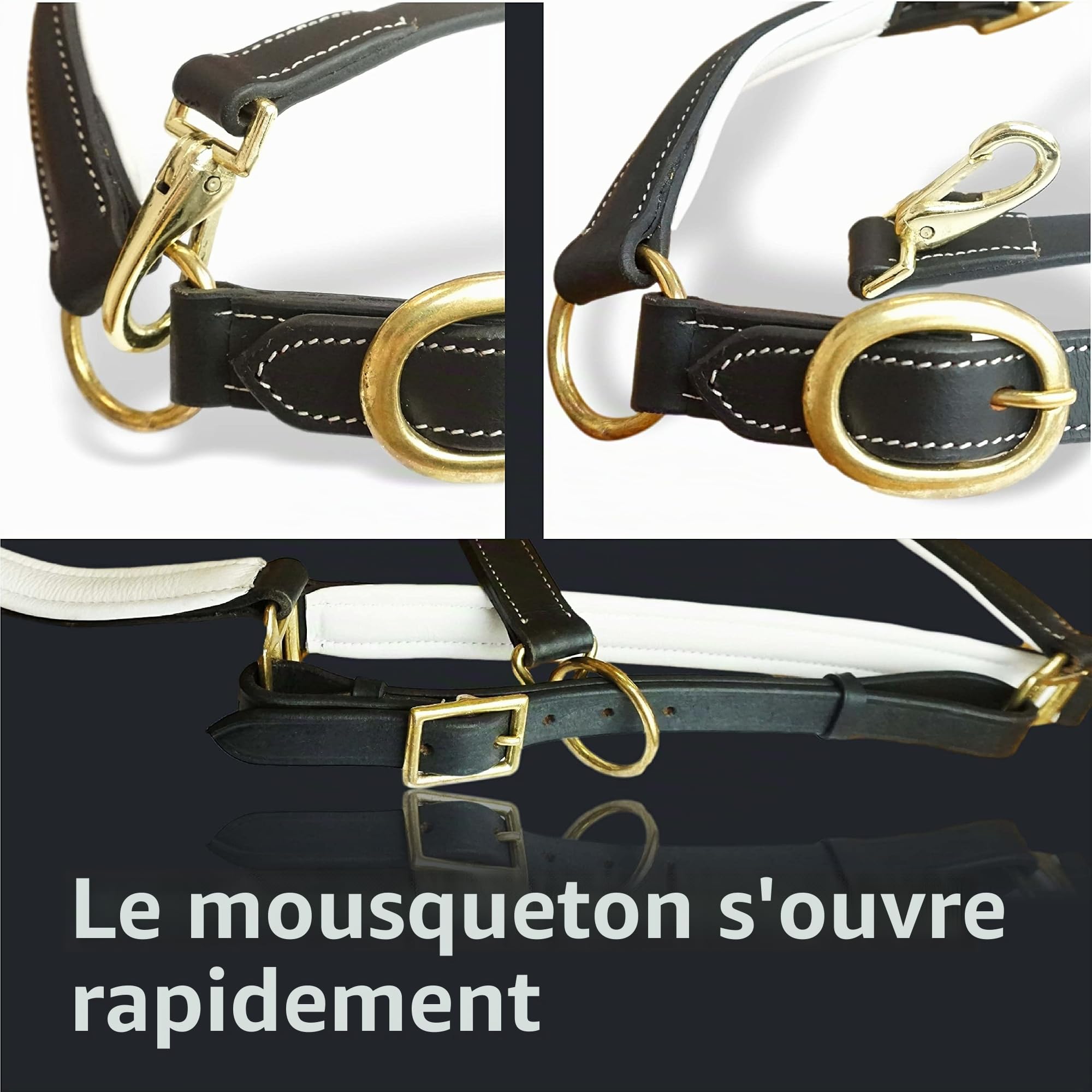 Licol en cuir noir pour chevaux, licol d'écurie de qualité supérieure en pony, sang chaud, cob, sang froid, sûr et indéchirable (pony, noir et blanc)