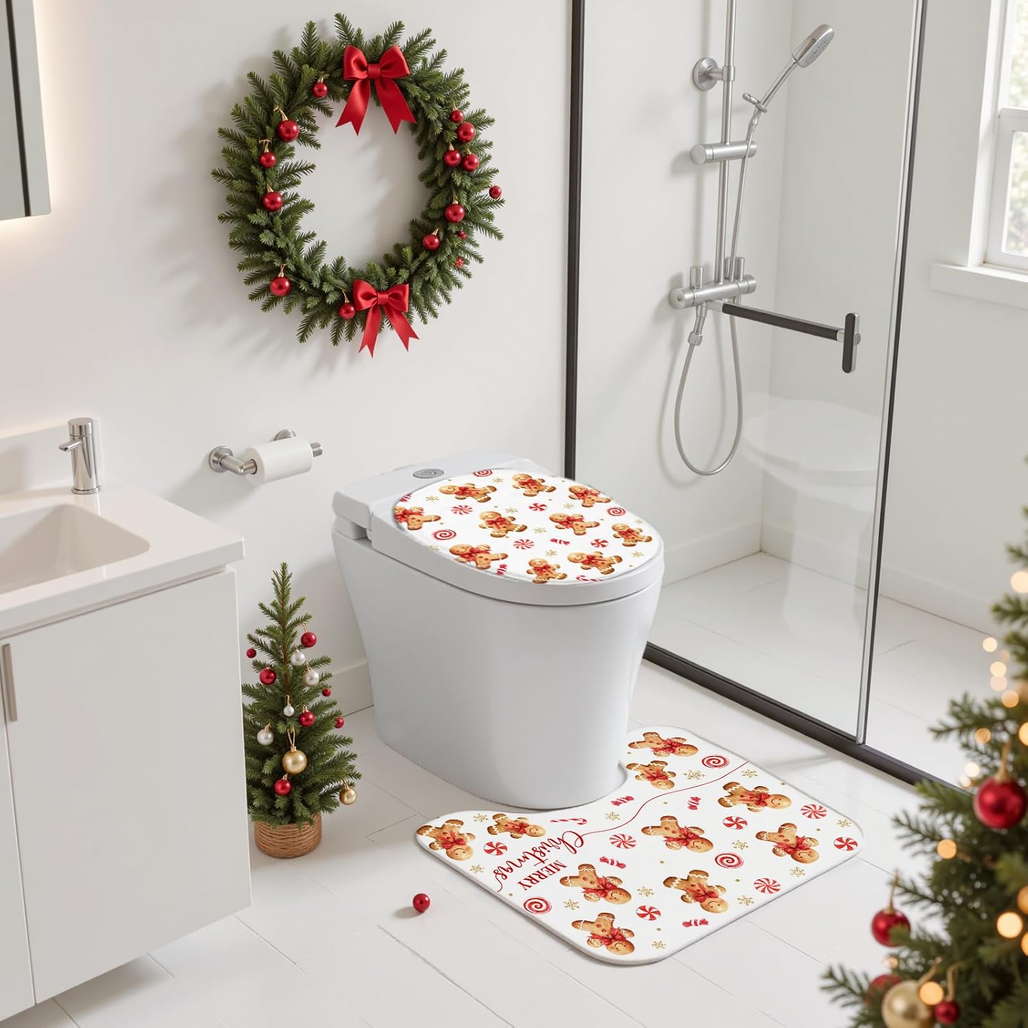 Mocsicka 4pcs Merry Christmas Shower Curtain Set Cute Gingerbread Man Snowflake Christmas Bath Decor Accessory Set with Non-Slip Washable Bath Rugs Toilet Lid Cover for Xmas Holidays Bath Deocr