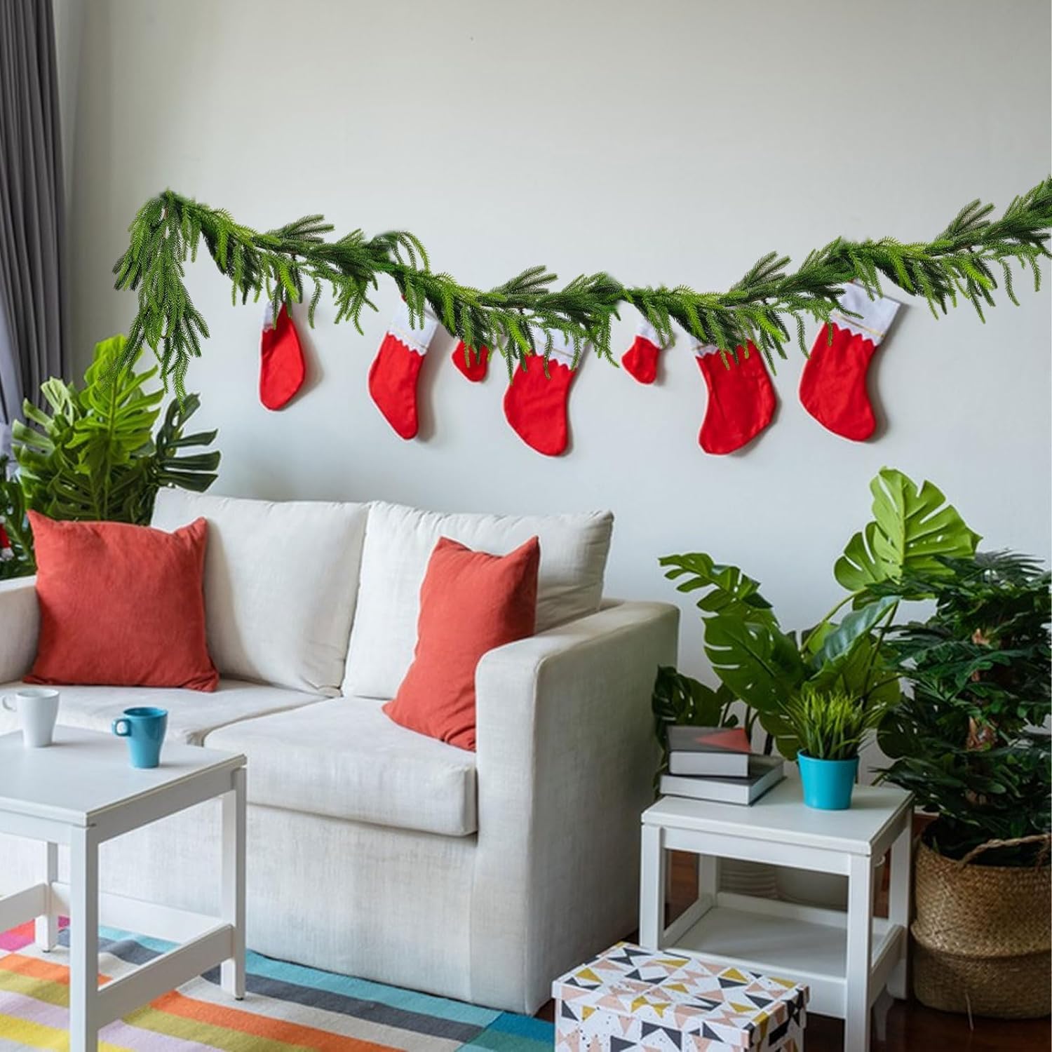 Norfolk Dennenslinger, kunstmatige realistische cederslinger, kerstslinger voor schoorsteenmantel, groene groene slinger voor tafel, schoorsteenmantel, muur, outdoor kerstdecoraties (2