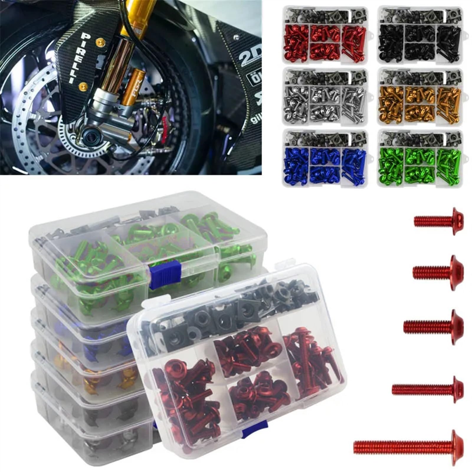 Viti Ergal Moto Kit A-alluminio W-viti per parabrezza 7 colori 195 pz/scatola Viti per moto Carenatura Bullone Vite Dado Elementi di fissaggio Viti Set Parte del motociclo(Gold)