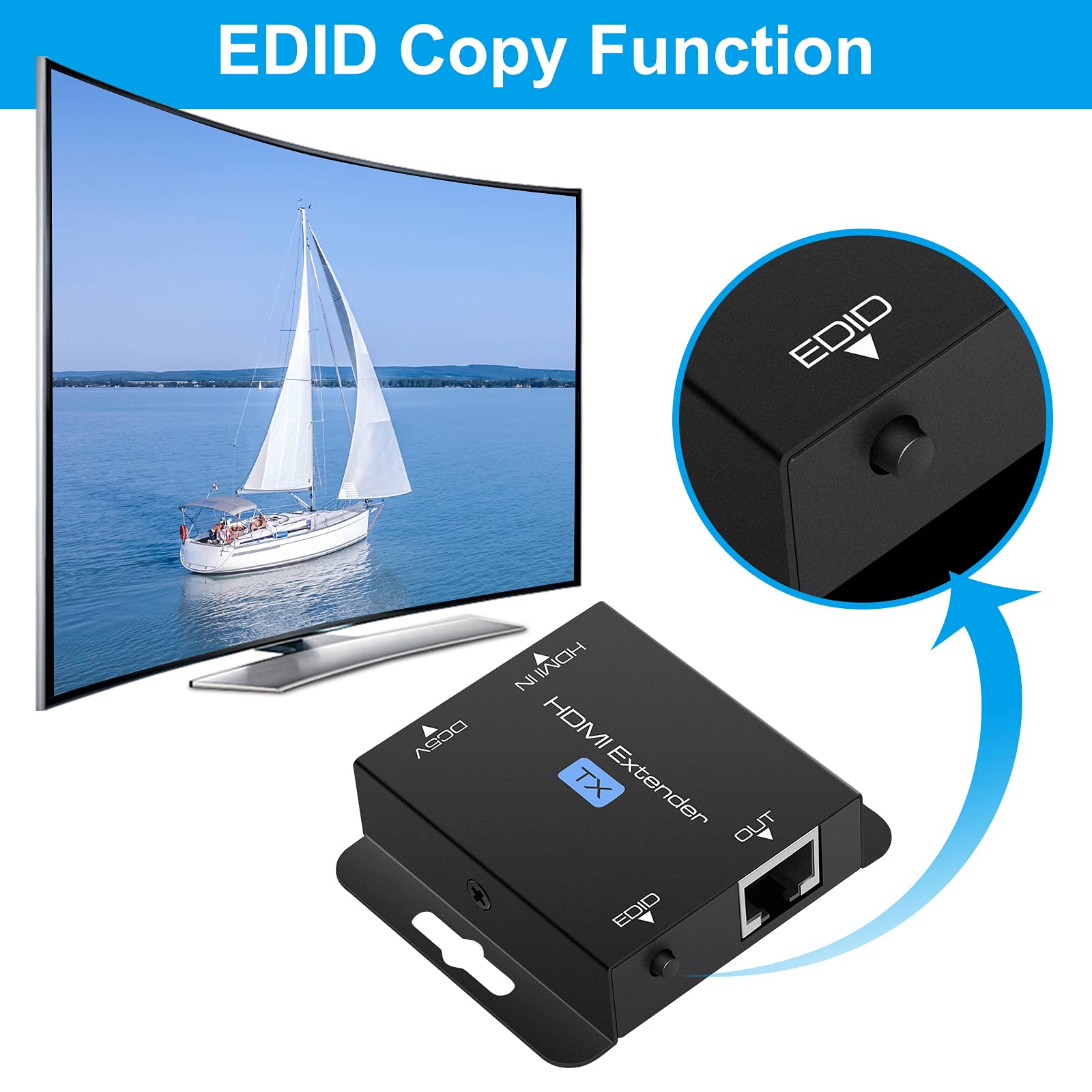 VEDINDUST HDMI Extender, Over Cat5e/6/7 Ethernet Trasmettitore HDMI Ricevitore Supporto Preimpostazioni EDID 1080p POC (Solo bisogno di alimentazione TX per lavoro) (1080P 50m POC)