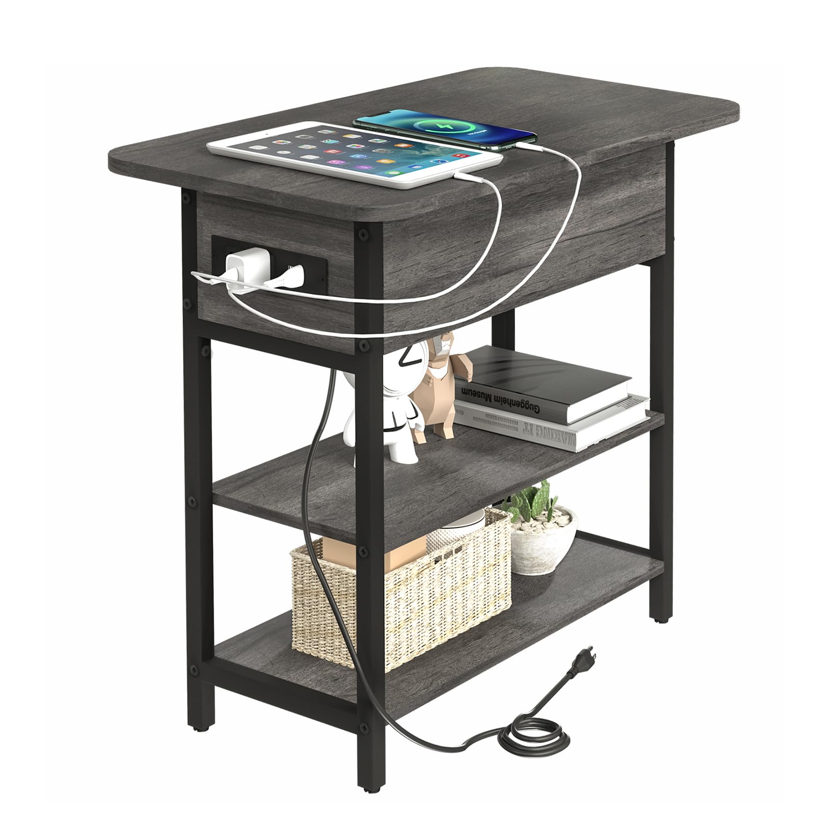 Yoobure End Table with Charging Station, Flip Top Side Table with USB Ports and Outlets, Sofa Couch Table Bedside Table for Living Room Bedroom, Narrow Nightstand with Storage Shelves for Small SpaceThe Forest Stewardship Council