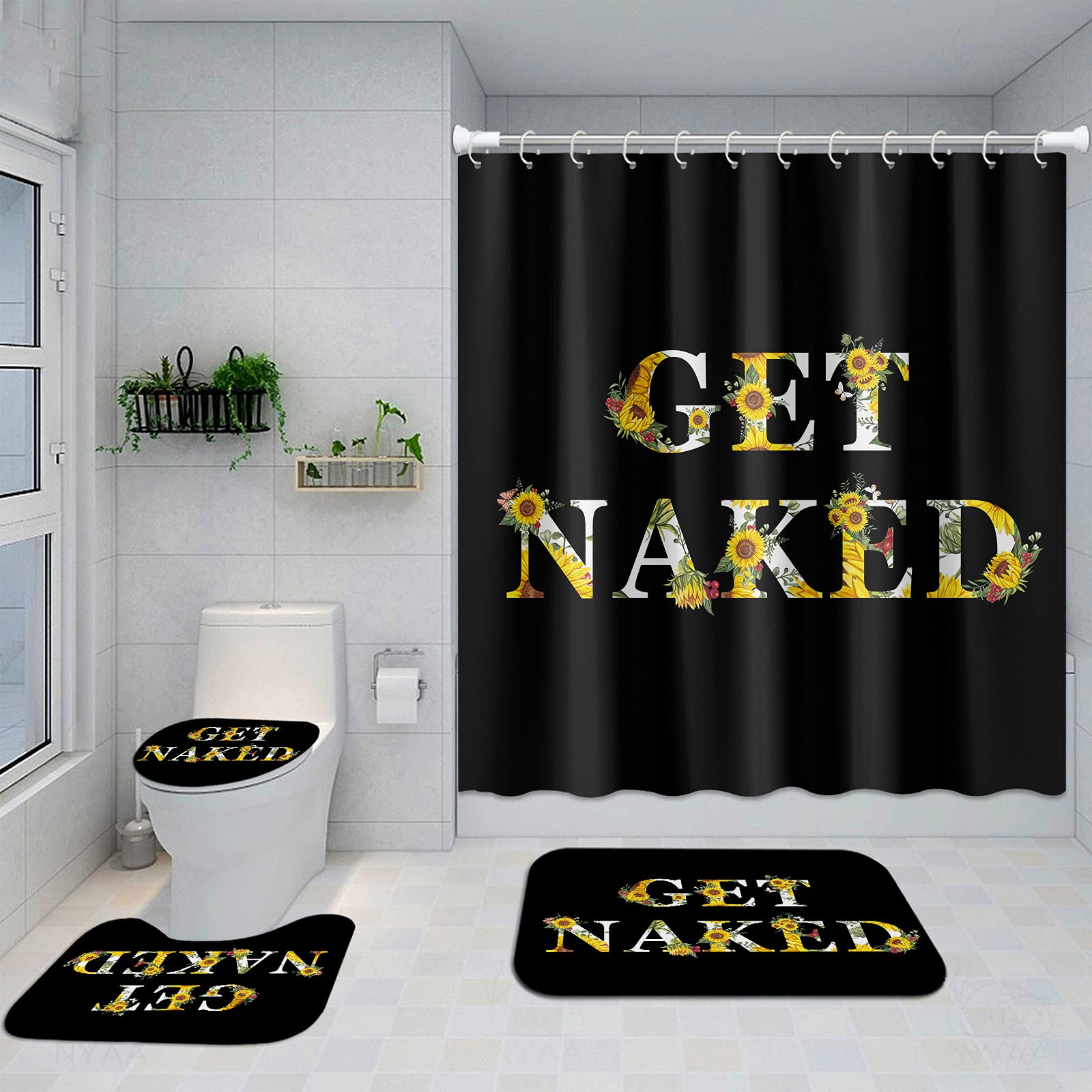 4 Pcs Sunflower Shower Curtain Set Get Naked with Non-Slip Rugs, Toilet Lid Cover and Bath Mat, Black Funny Quotes Bathroom Curtain Waterproof Polyester Fabric, 72 x 72 inch