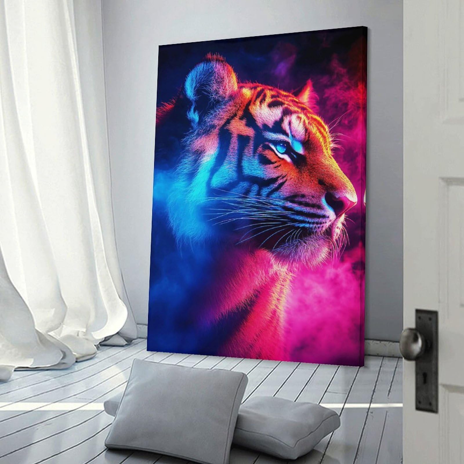 Junmoney Frame-Style-17 Wall Picture Print Neon Tiger Portrait Poster, Picture, Metal Print, Paint By Creed, 08X12inch(20X30cm), For Entrance Walls, Hall Decor Or Foyers, Home Artwork For First Impressions