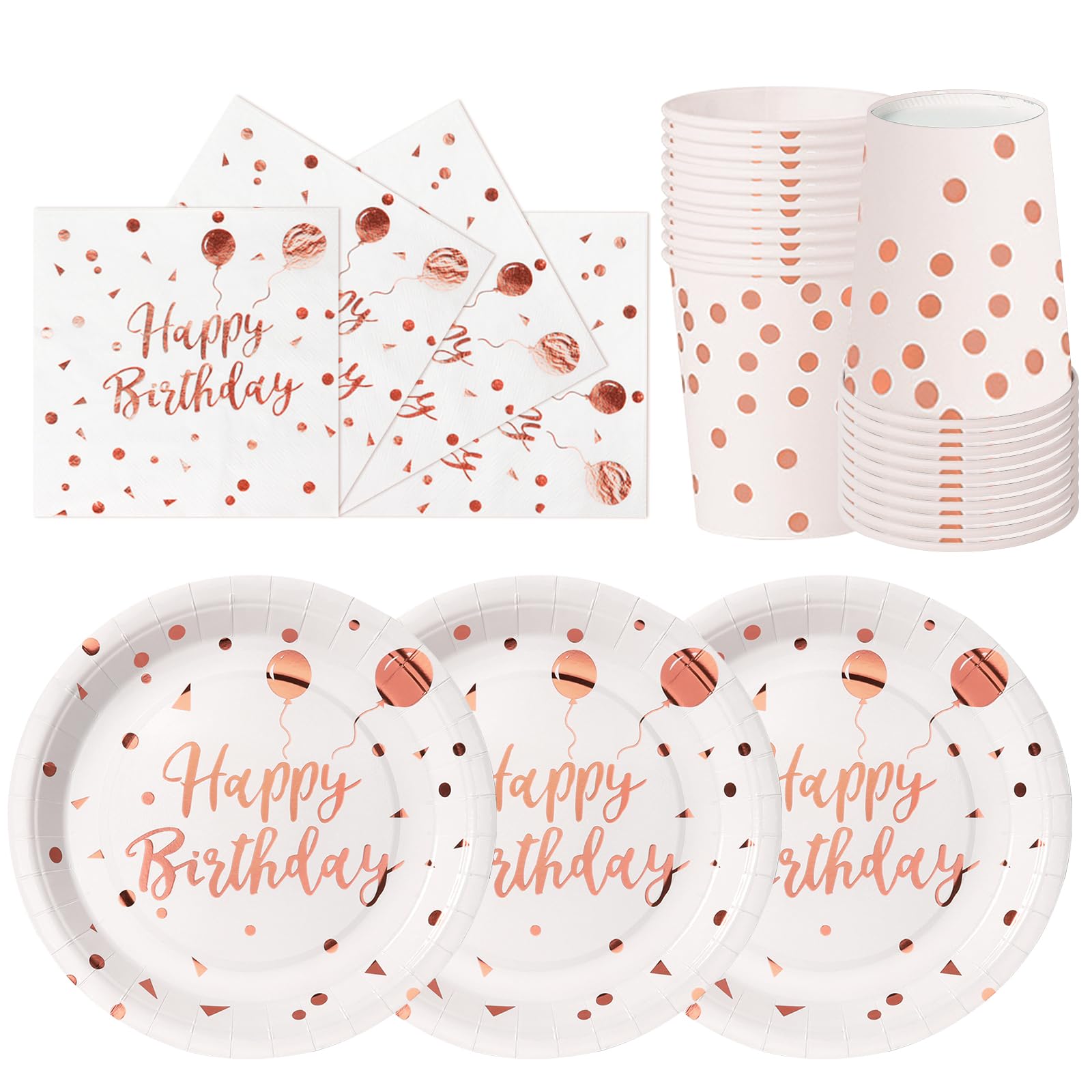 hailstones White Rose Gold Dots Party Tableware Set for 24 Guests, Happy Birthday Party Plates Set, Disposable Plates Cups Napkins Paper Plates, Kids Men Women Birthday Decor