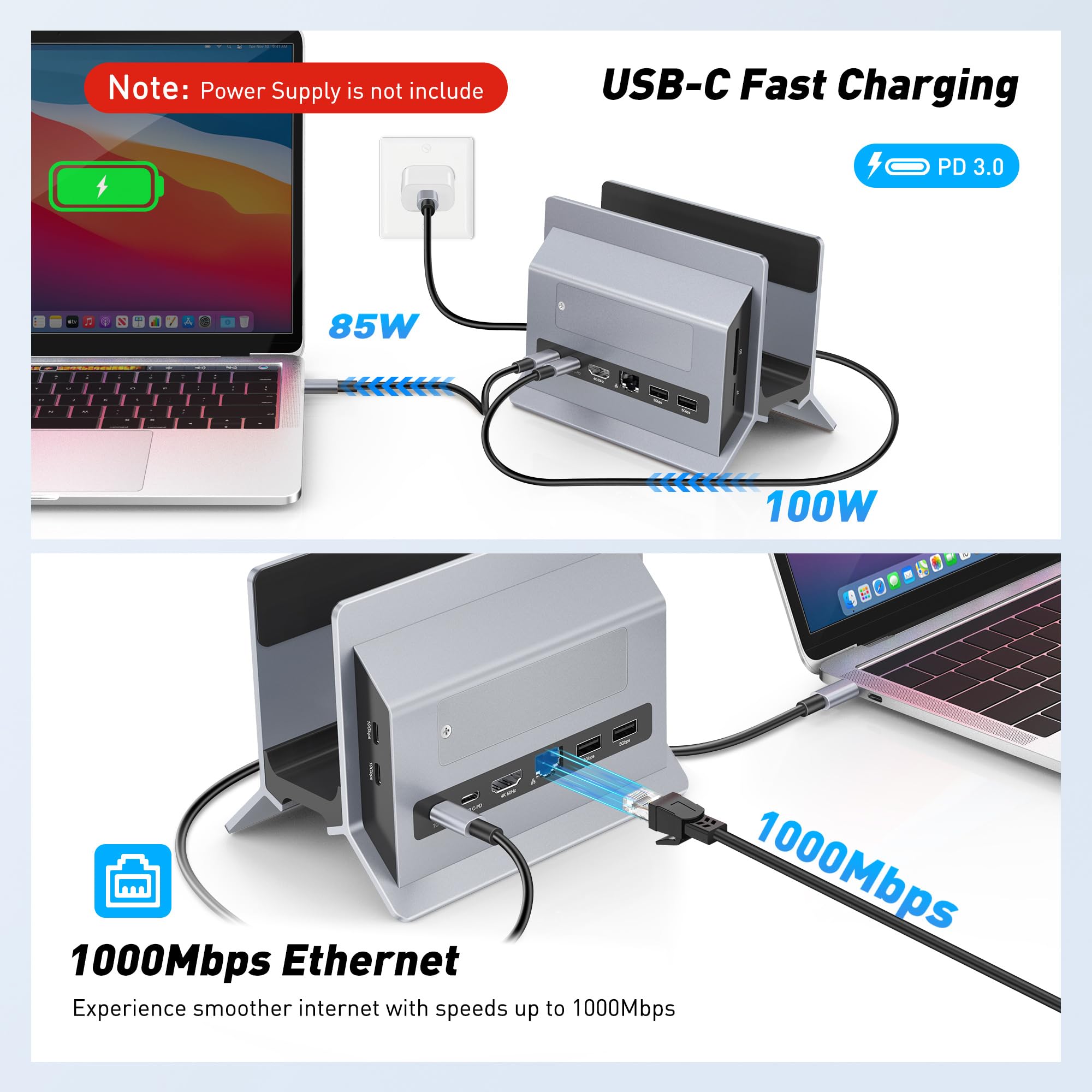 AboveTEK Docking Station USB C con Expansión SSD M.2, 4K HDMI Vertical Dock Station con 2 USB C 10Gbps, 2 USB A, PD3.0, Ethernet, SD/TF para MacBook Pro/Air