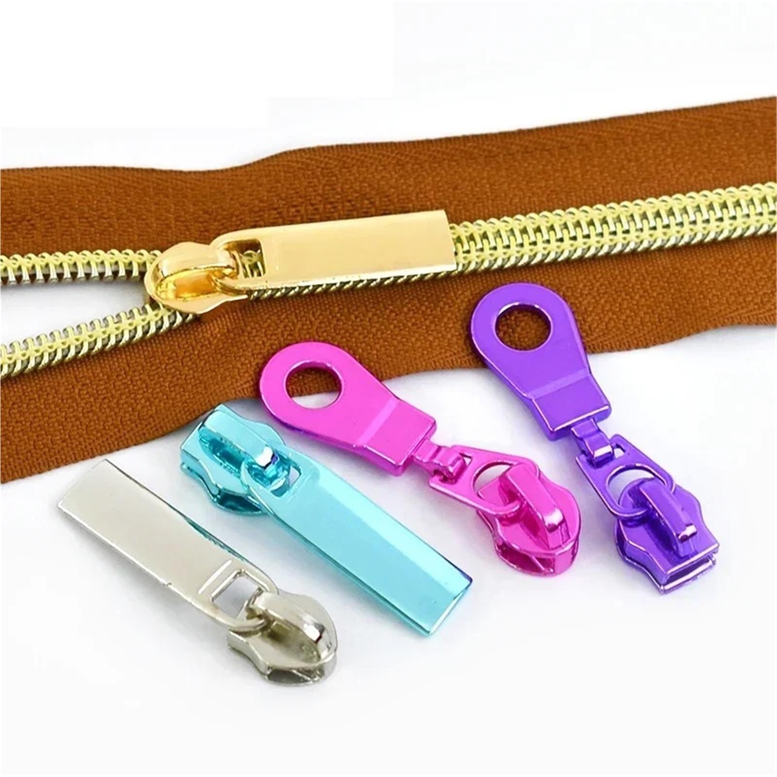 Tiradores de cremallera, 50 tiradores de cremallera de metal 5# para coser cremalleras de nailon, cintas deslizantes, zapatos, bolsas, kit de reparación de cremalleras (ZT179-morado)