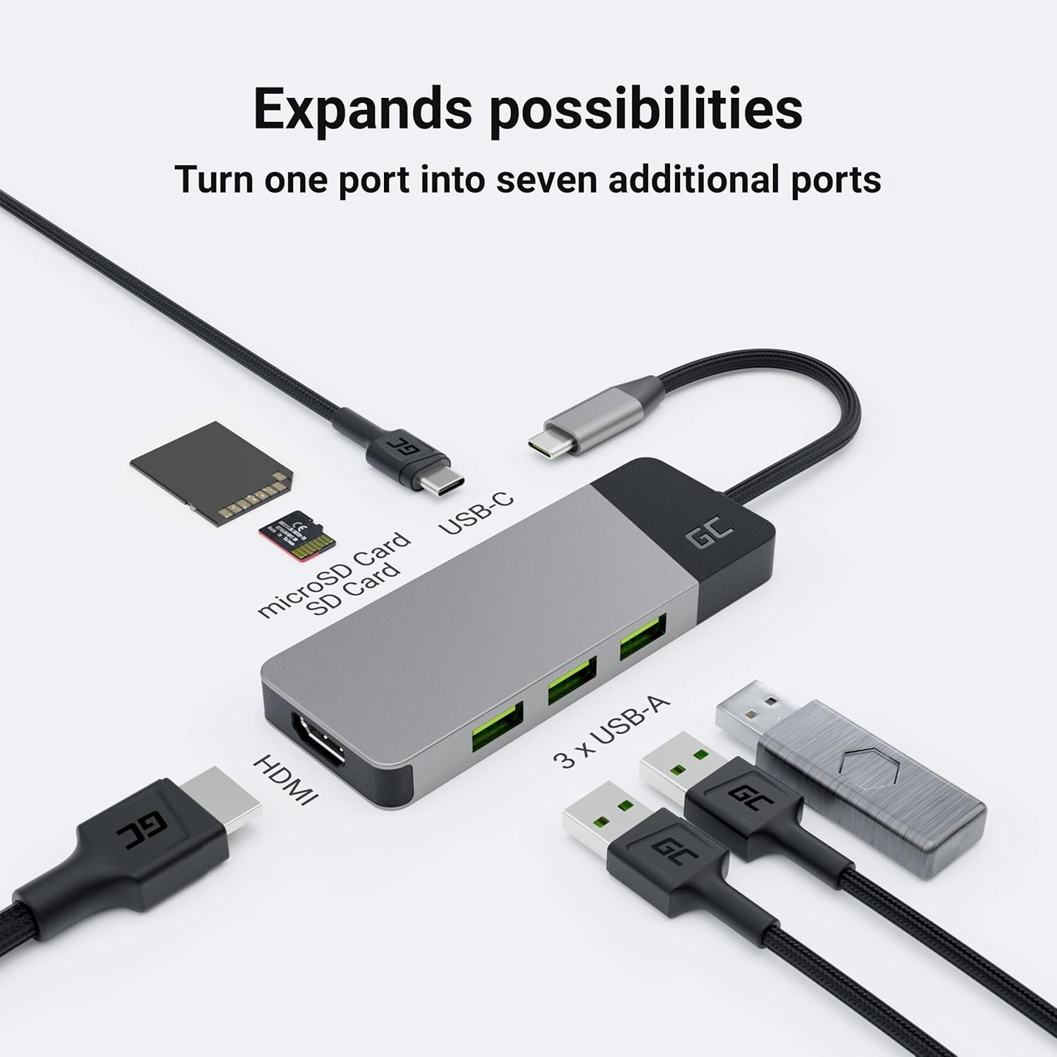Adapter, Docking Station HUB USB-C PD 85W GC Connect 7in1 (3X USB-A 3.1 HDMI 4K 60Hz SD microSD) for Apple MacBook M1/M2, Lenovo ThinkPad X1, Asus ZenBook, Dell XPS, Samsung DeX Support
