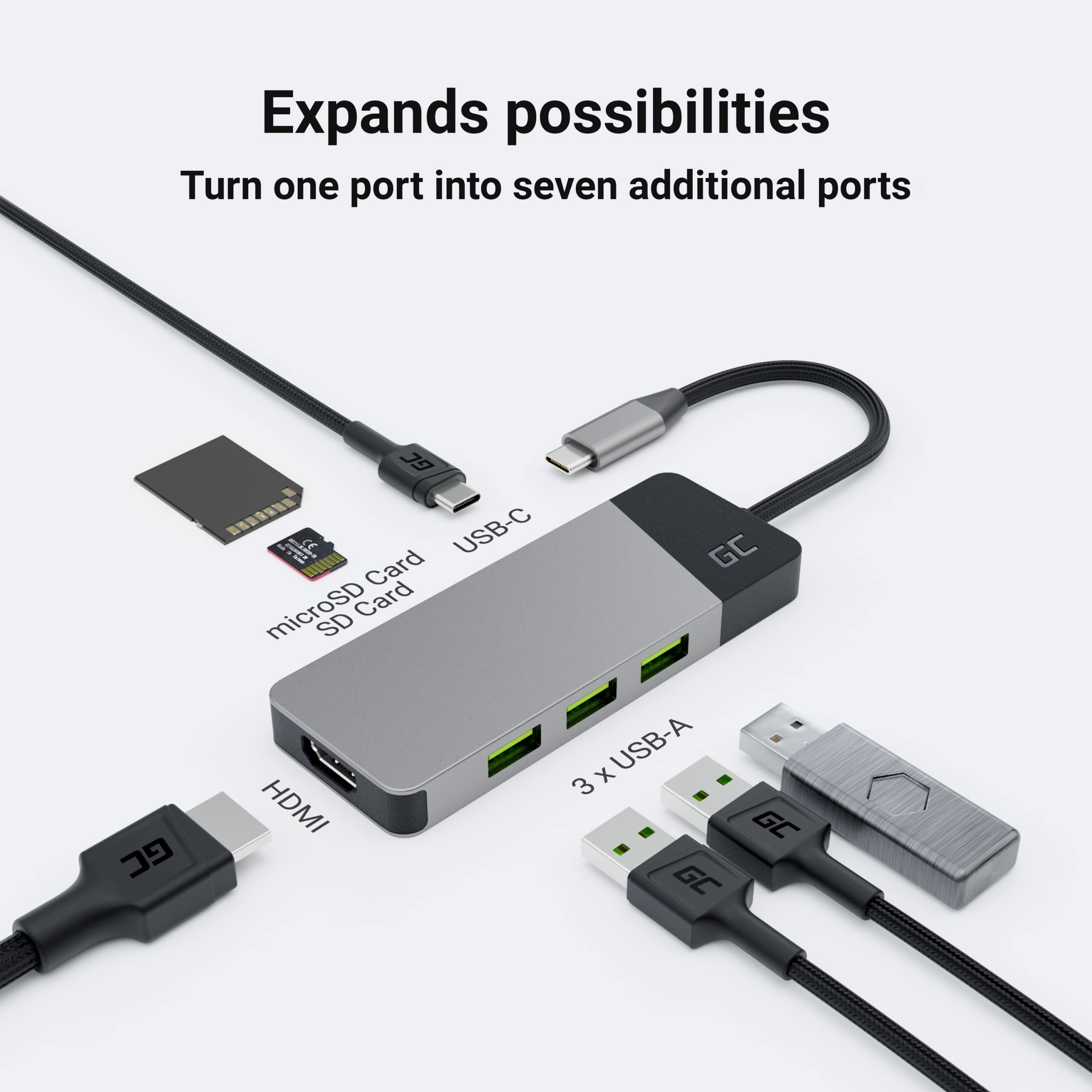 Adattatore, Stazione docking HUB USB-C PD 85W GC Connect 7in1 (3x USB-A 3.1 HDMI 4K 60Hz SD microSD) per Apple MacBook M1/M2, Lenovo ThinkPad X1, Asus ZenBook, Dell XPS, Supporto Samsung DeX