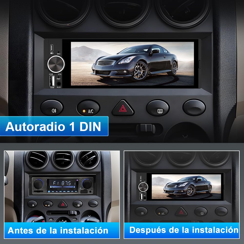 1 DIN Universal Radio Coche con Pantalla Táctil 6.36 Pulgadas, con CarPlay/AndroidAuto, Admite Carga Type-C/USB/Micrófono/FM/EQ/WiFi/GPS/Bluetooth/USB/SWC y Cámara Trasera