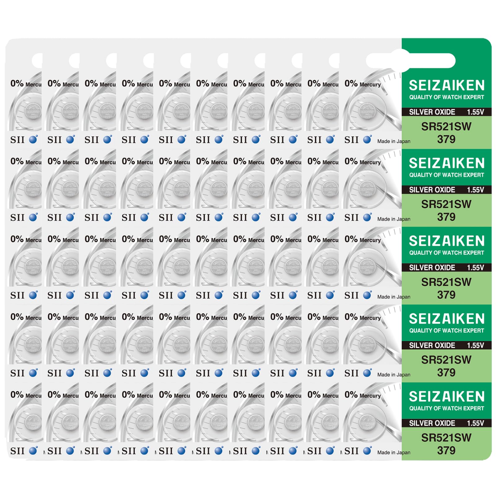 Seizaiken Seiko 379 SR521SW Uhrenbatterie, 1,55 V, 0 % Hg, Silberoxid, 50 Batterien, hergestellt in Japan