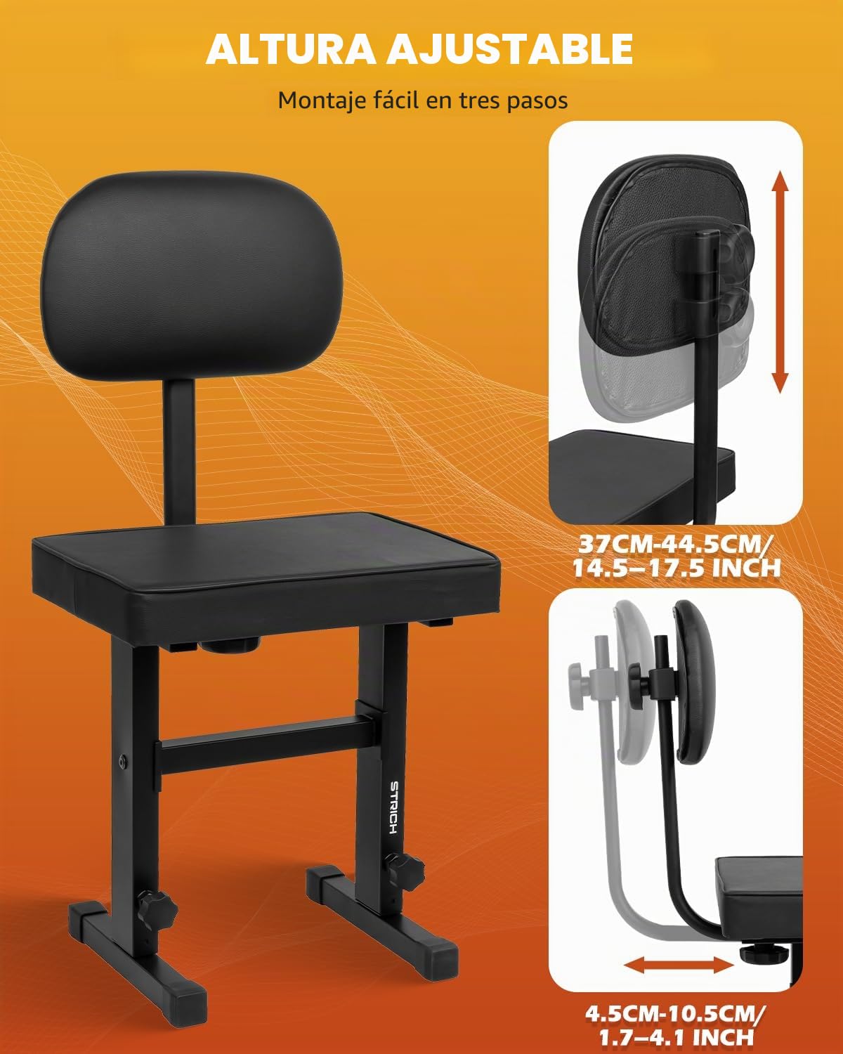 STRICH Banco de piano ajustable, asiento de banco de teclado musical con respaldo, silla de piano con cojín acolchado para músicos, negro, SPB-M50S (piel sintética)
