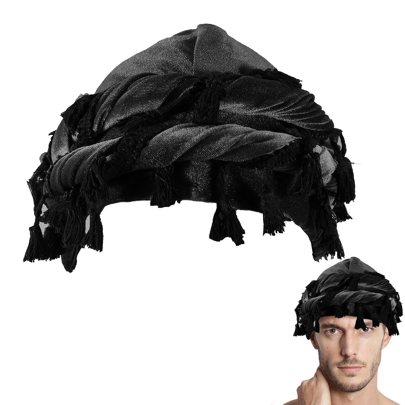 Adorila Velvet Durag Satin Lined Halo Turban Wraps, Unique Design Turban for Men, Tassel Beanie for Causal Life (Black)