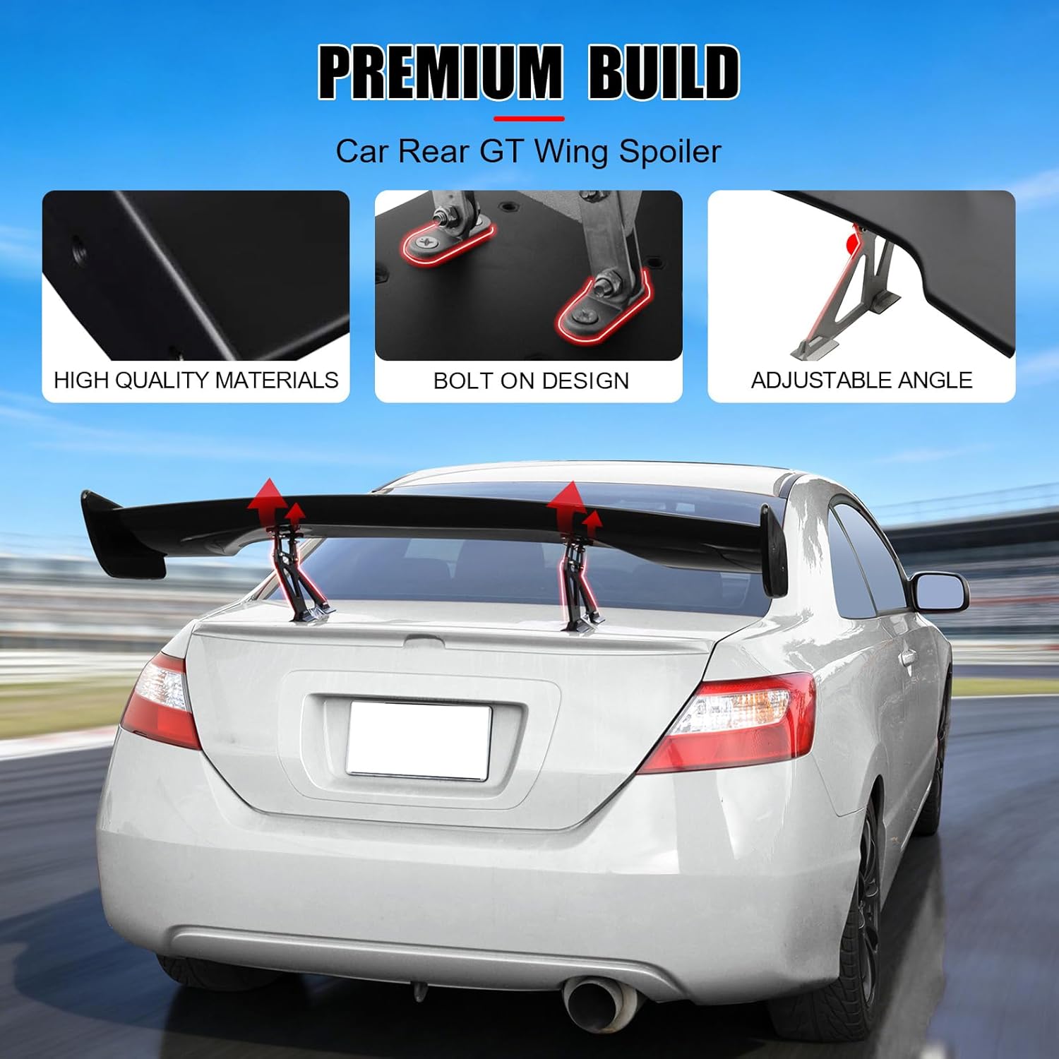 IKON MOTORSPORTS, Universal 57 Inch GT Trunk Spoiler, Compatible with Honda Civic Accord Vehicle, Adjustable High Stand Black Rear Wing Tail Lid Finnisher Deck Lip