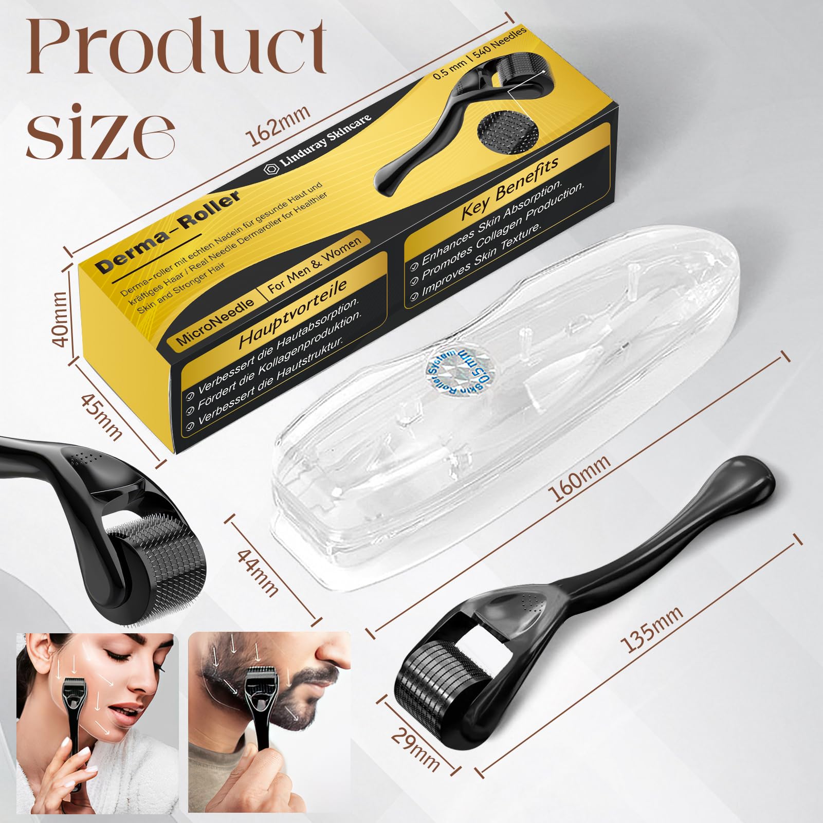 Dermaroller Capelli, Microneedling Derma Roller,Micro-Ago Roller 540-Aghi Rullo Derma per Crescita Dei Capelli,Trattamento di Perdita Capelli,Cicatrici da Acne e Smagliature,Delle Rughe(0,5 mm Nero)