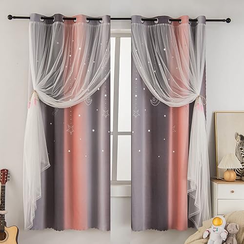 2 paneles de cortinas opacas con diseño de estrellas y arco iris degradado para niños y niñas, decoración de sala de estar, oscurecimiento de luna,