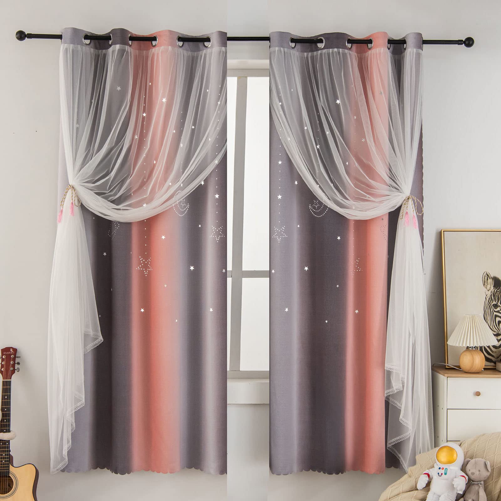 FANLI 2 Panels Star Ombre Rainbow Blackout Curtains for Kid Girls Bedroom Living Room Decor Darkening Moon Double Layer Star Cut Out Stripe Gradient