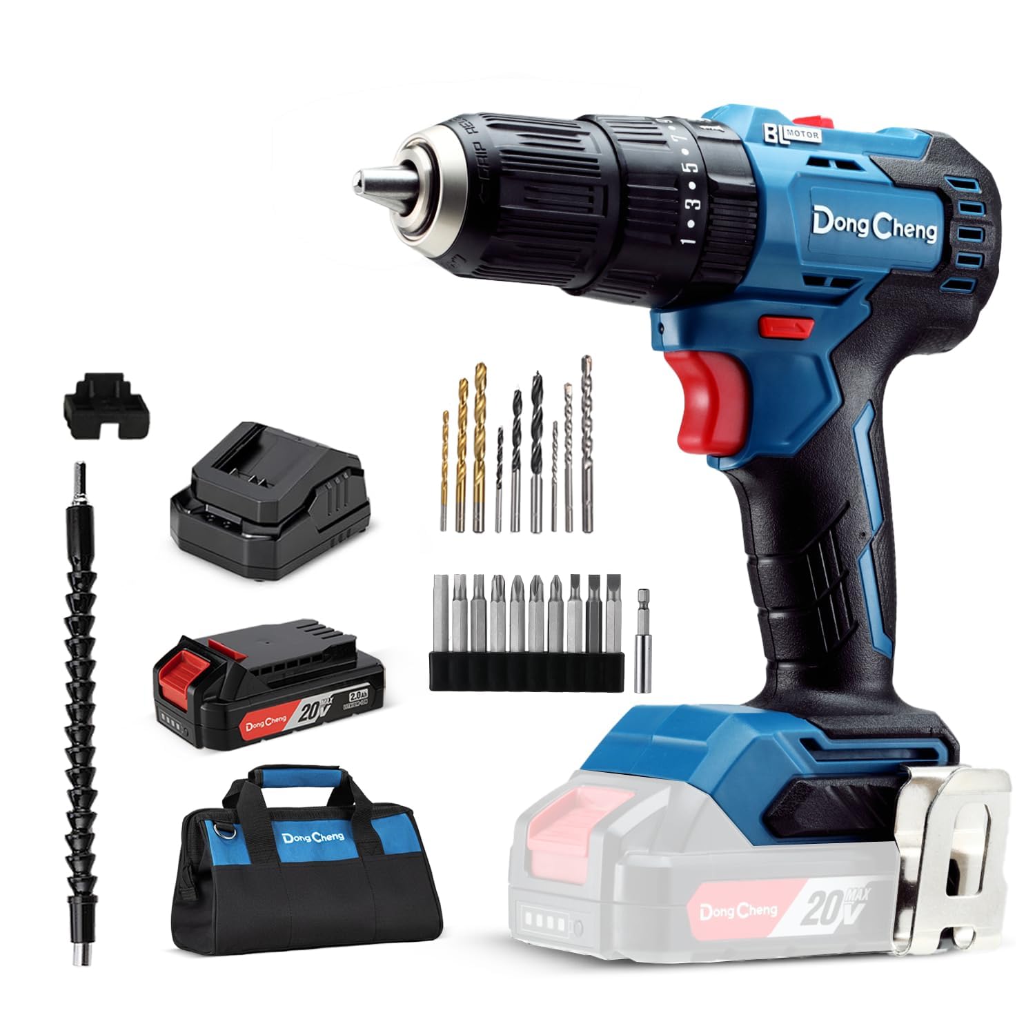 Dong Cheng 20V Brushless Heavy-duty Impact Drill, 443 in-lbs, 27000 IPM, 1/2" Keyless Metal Chuck, 20+1+1 Clutch, Cordless Hammer Drill with Battery for Drilling Brick Wall, Metal, Wood