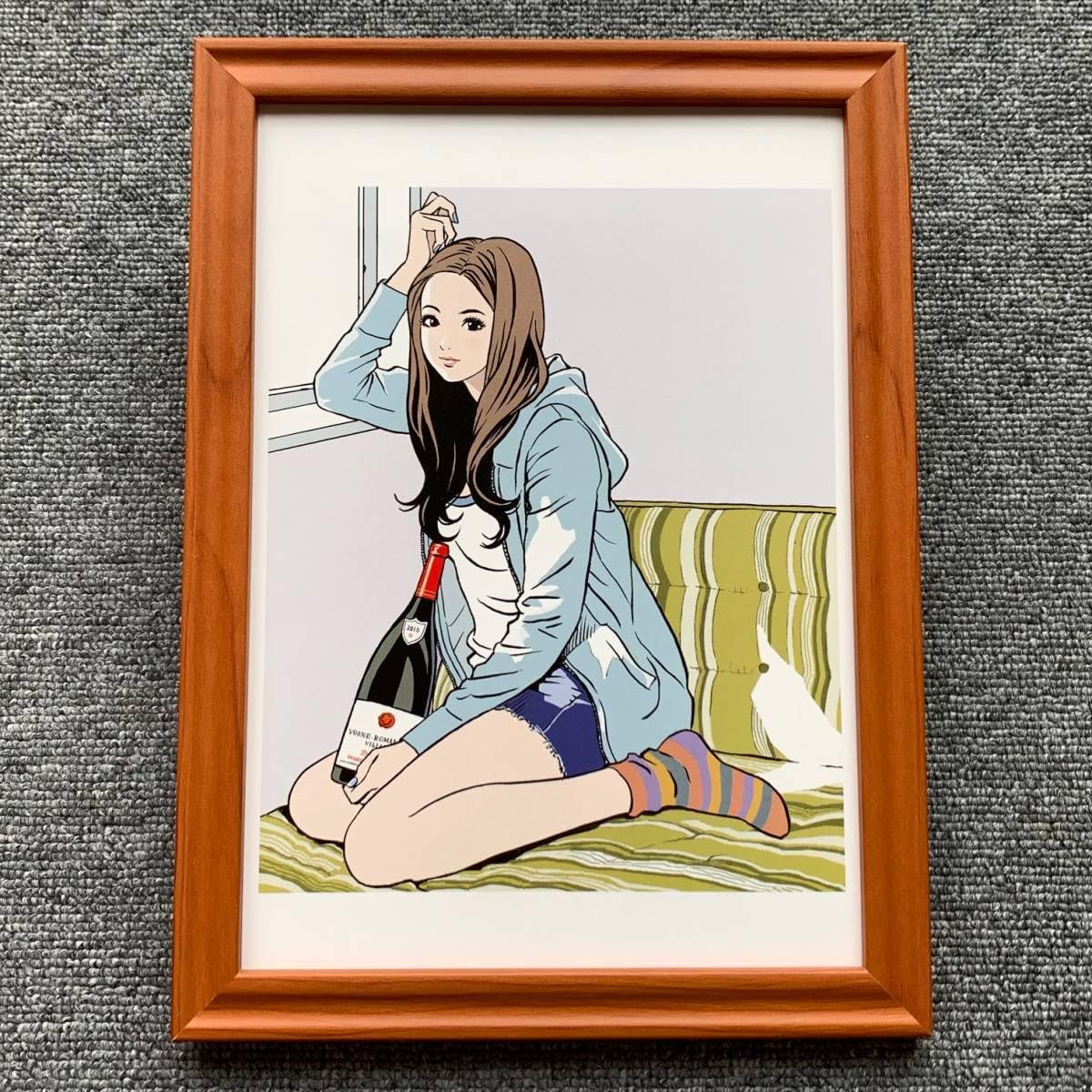 江口寿史　直筆イラスト　Yシャツとワインの女の子。 江口寿史 直筆イラスト Yシャツとワインの女の子
