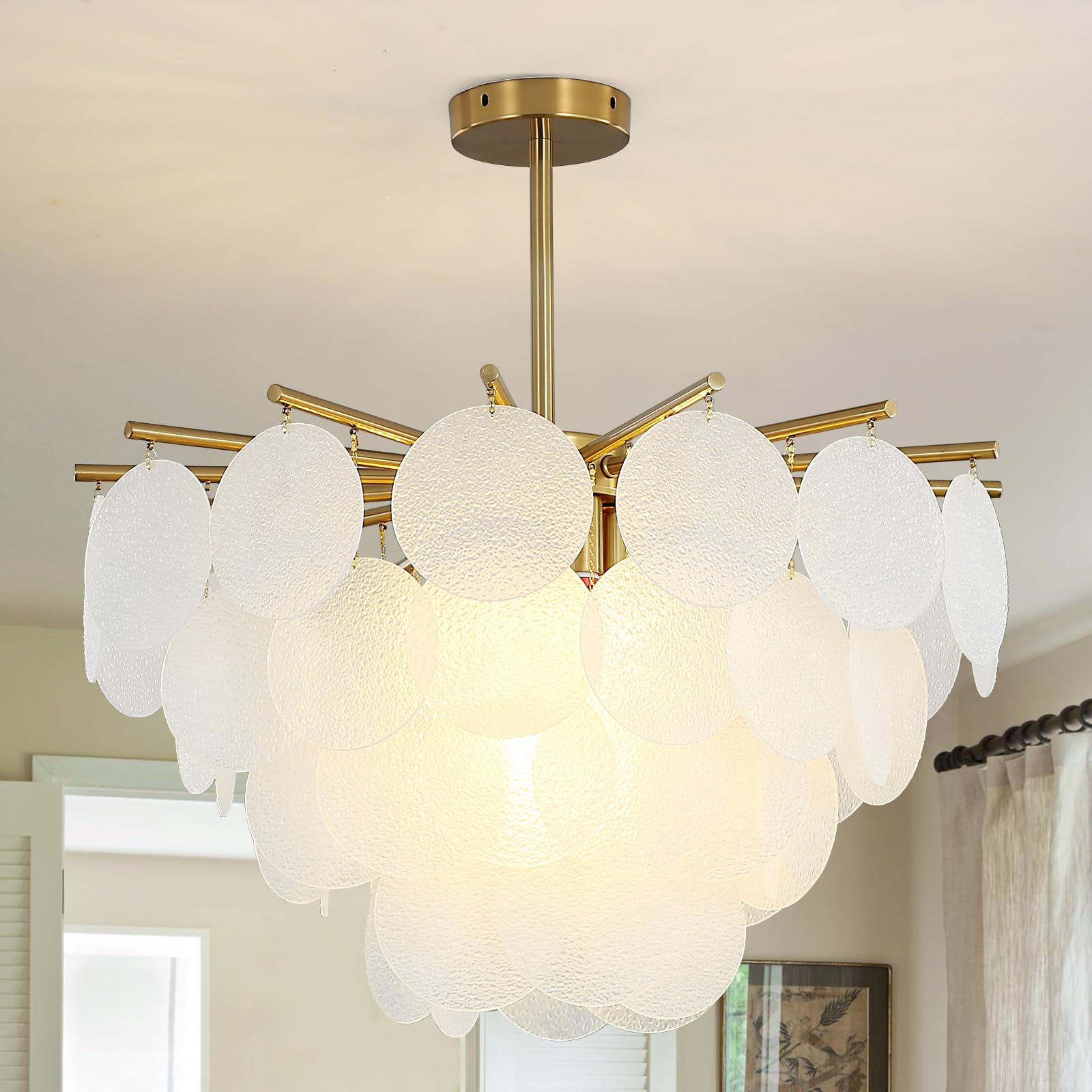 Photo 1 of 6-Light Modern Semi Flush Mount Ceiling Light, 20" Wind Chimes Shell Gold Chandelier Luxury Ceiling Chandelier for Bedroom Entryway Living Room, Included E12 LED Bulbs, UL Listed