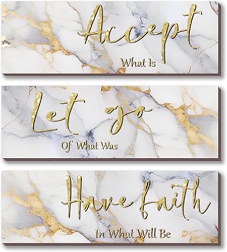 Miniatura 8 de ONIZHITY 3 piezas de decoración de pared de baño azul y dorado, decoración de pared azul marino y dorado, acepta dejar ir tener fe, estilo mármol,