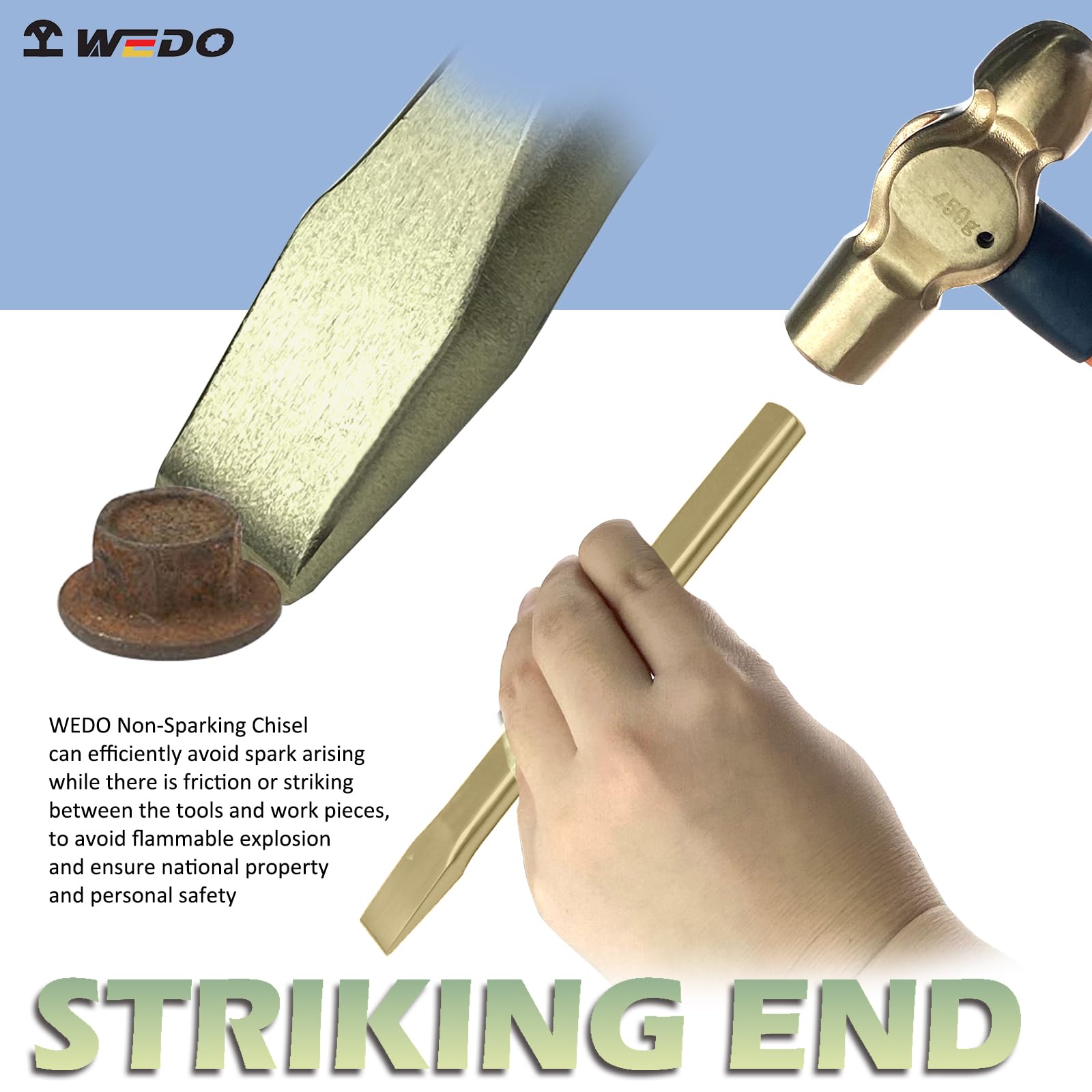 WEDO Cincel plano sin chispas, cincel plano de seguridad sin chispas, bronce de aluminio, estándar DIN, certificado BAM y FM, 27 x 400 mm