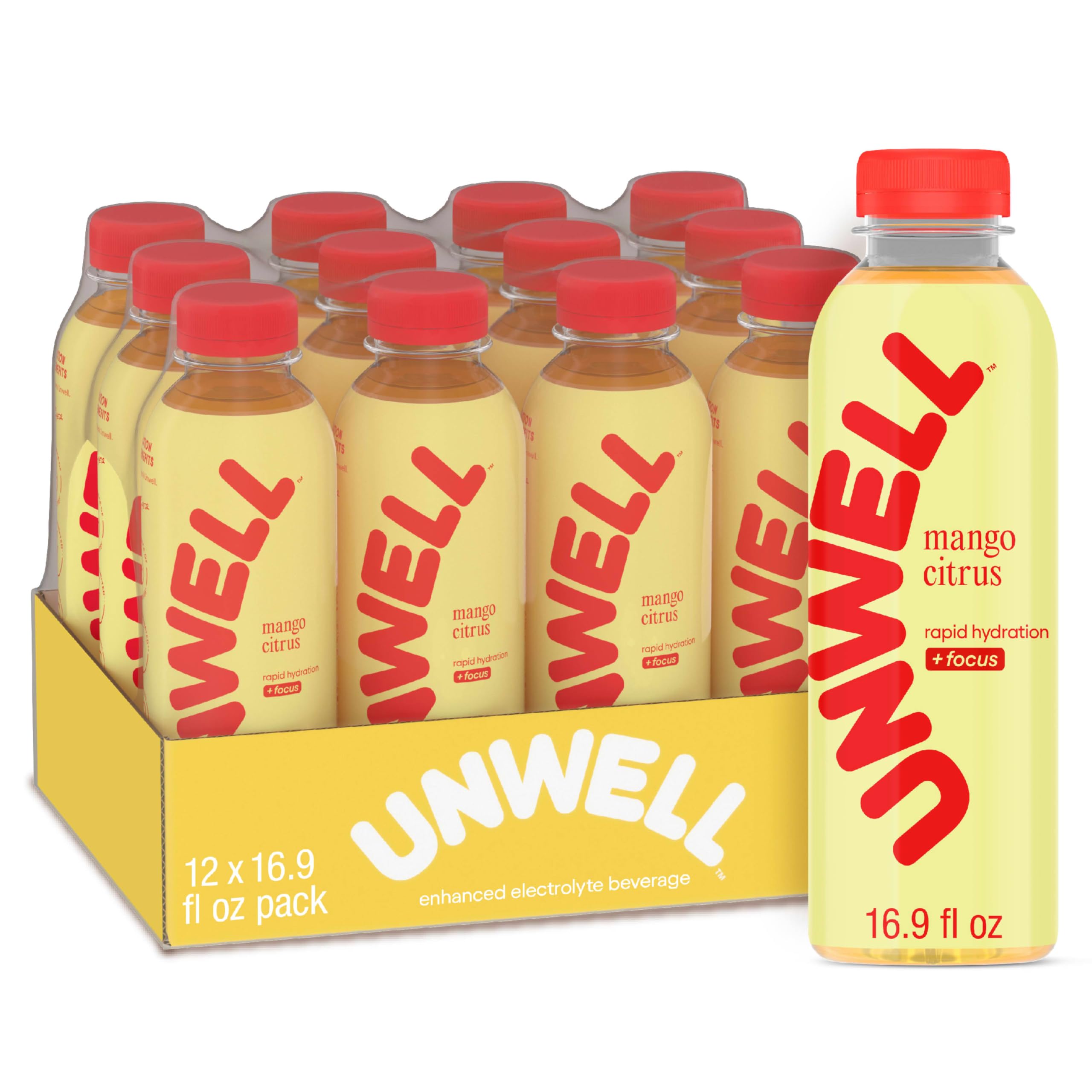 Unwell Hydration Electrolyte Drink For Rapid Hydration + Focus – Mango Citrus, 12 Pack