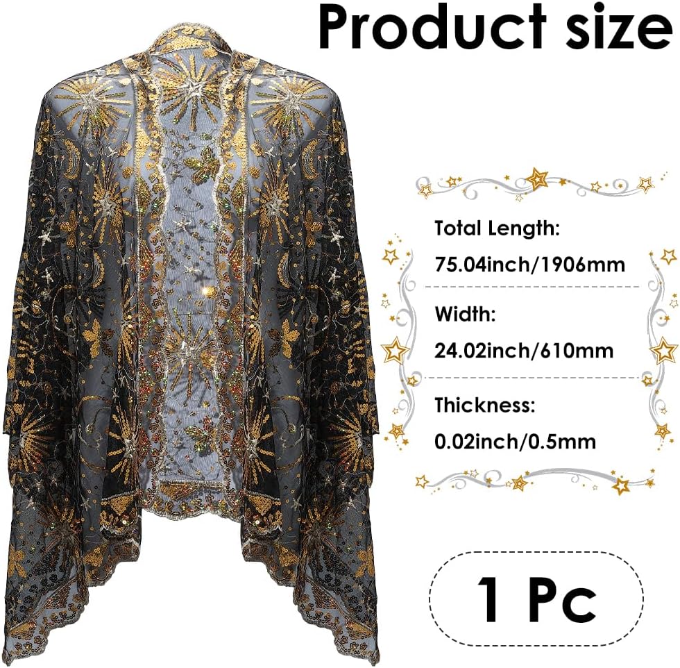 Black Sequin Shawls and Wraps 1920s Gold Sequins Beaded Shawl Wrap Long Womens Polyester Sheer Mesh Flapper Evening Scarf for Women Formal Party Wedding Dress Bridal Cover Up Accessories - Image 2