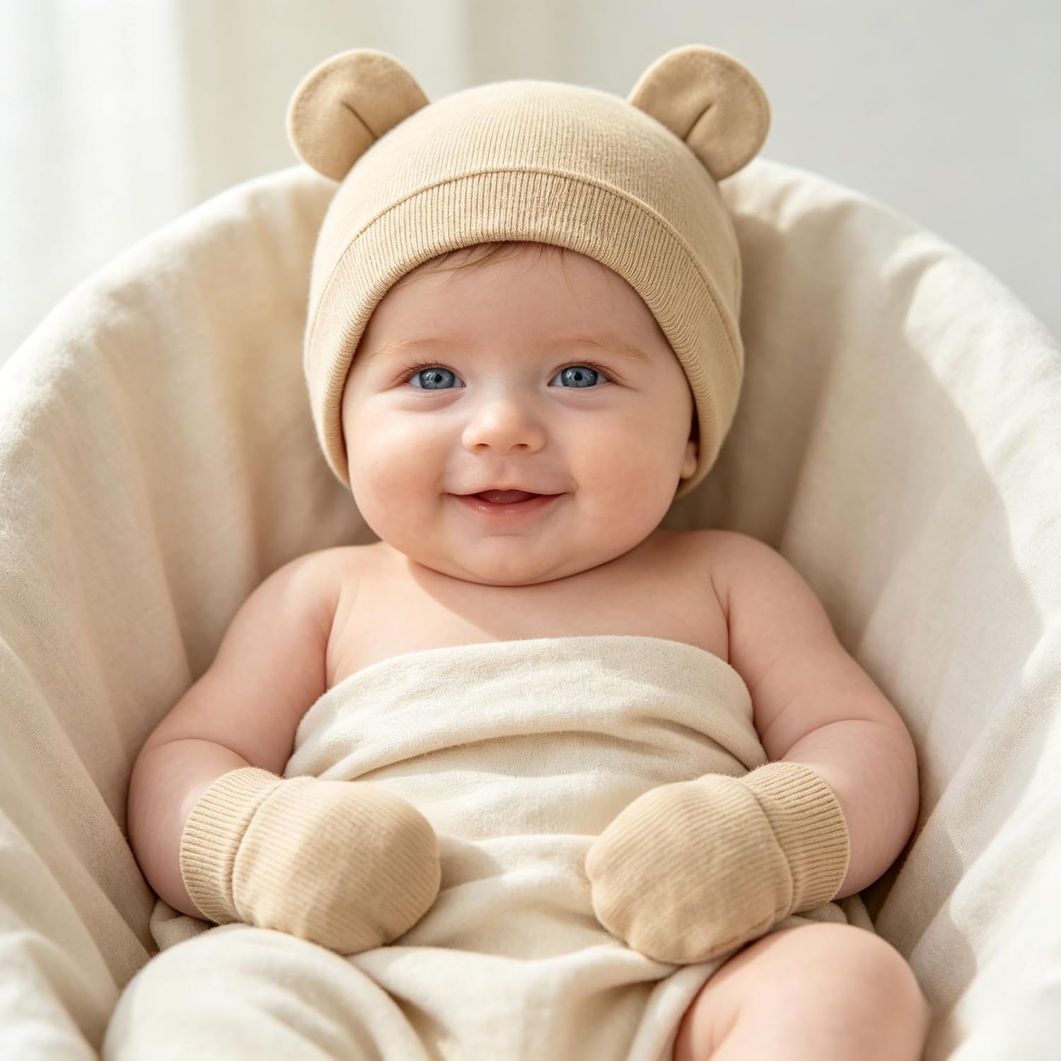 4 Pack Newborn Hats Mittens Set Bear Ears Preemie Hat Infant Hospital Mitten for Baby Boy Girl 0-6 Months