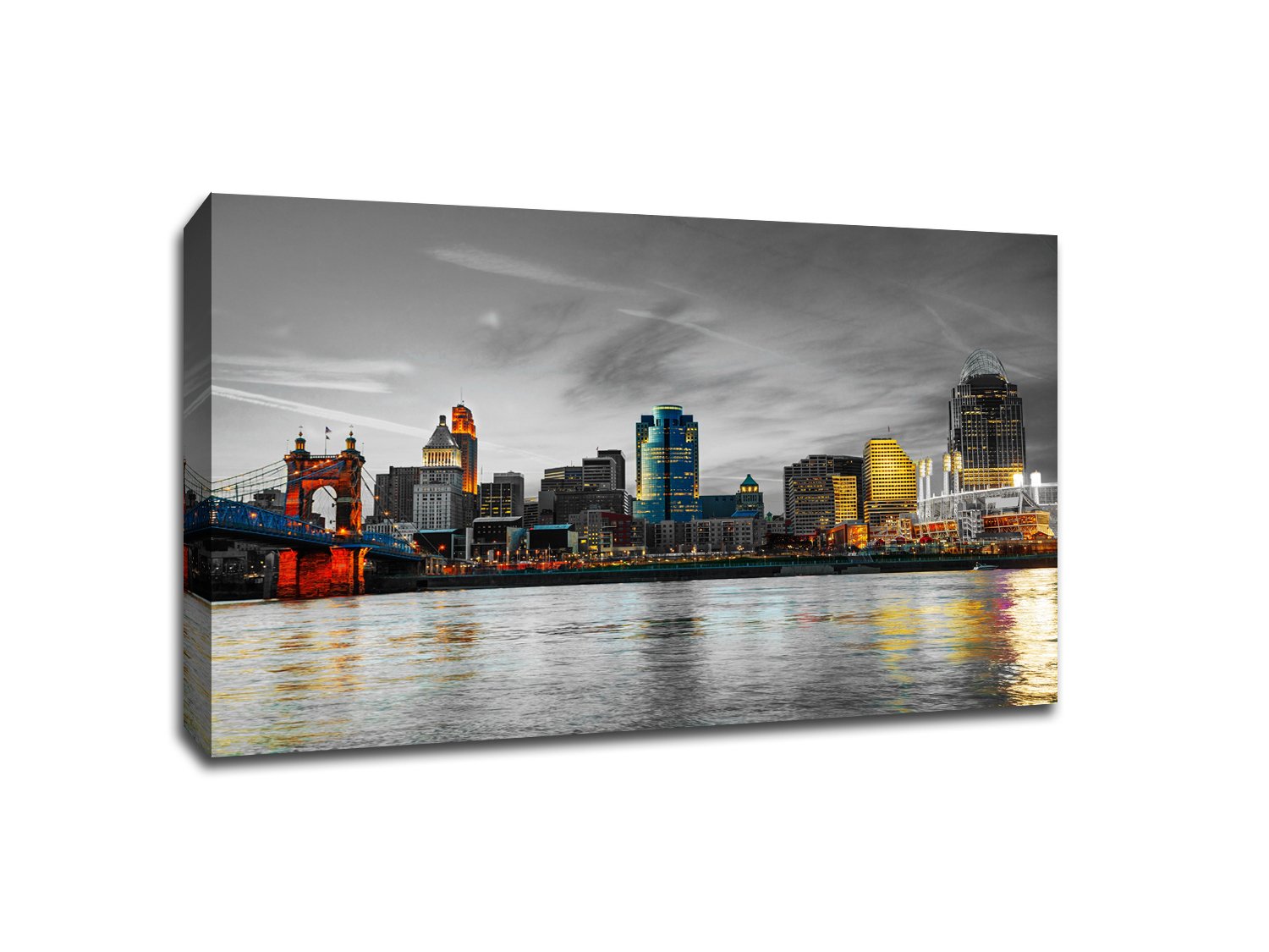 ArtsyCanvas Cincinnati Touch of Color Skyline 24x16 Gallery Wrapped Canvas Wall Art City Night Modern Cityscape Building Artwork Picture Painting for