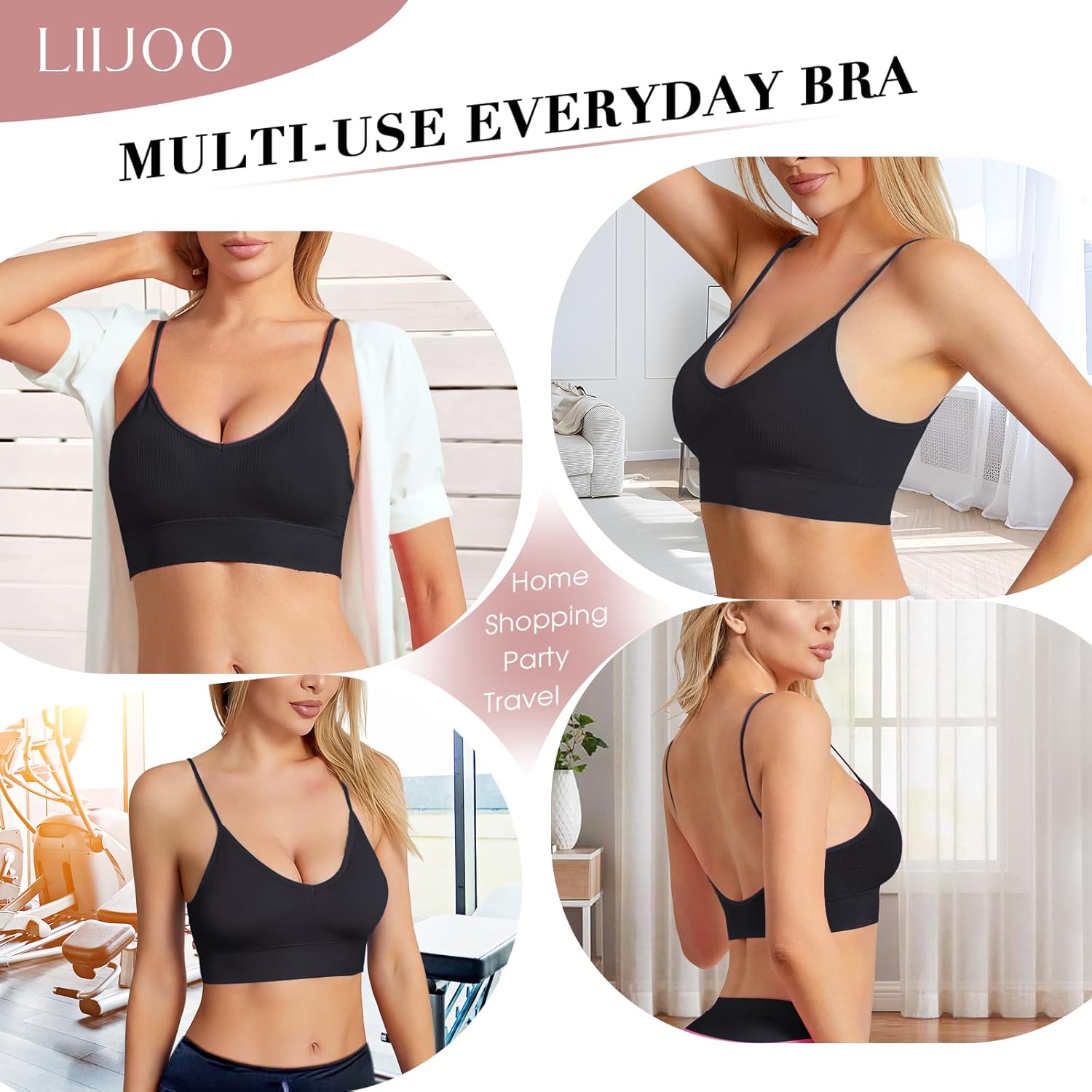 Women’s Seamless Wireless Bra, Padded V Neck Bralette with Thin Spaghetti Straps - Image 6
