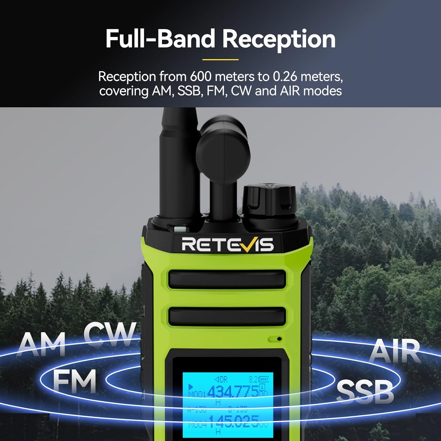 Retevis A3 Ham Radio displaying full-band reception modes