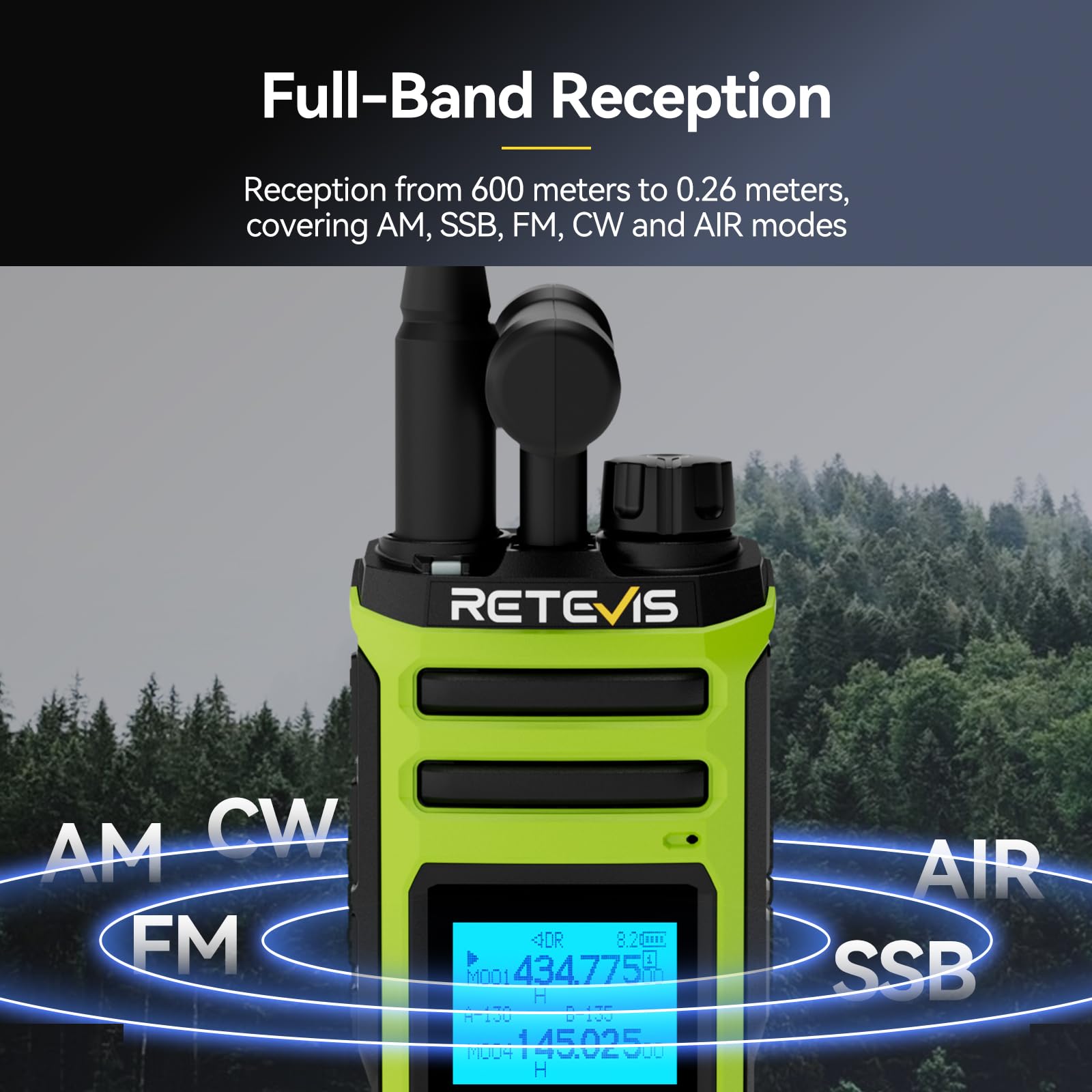 Retevis A3 Radio Dwukierunkowe, Czterozakresowe Radio Amatorskie, Tryby AM/SSB/FM/AIR, Dwukanałowe, 2500 mAh, Regulowana moc Walkie-Talkie do Polowań, Podróży, Kempingu (1 szt.)