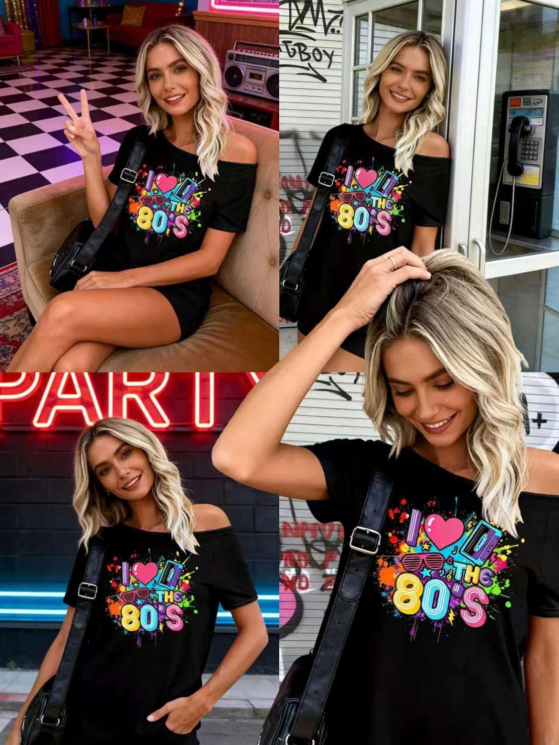 80s Outfit for Women 80's Theme Party Shirt Sexy Off The Shoulder 90S Tshirts Vintage 90s Disco Off Shoulder Tops - Image 5