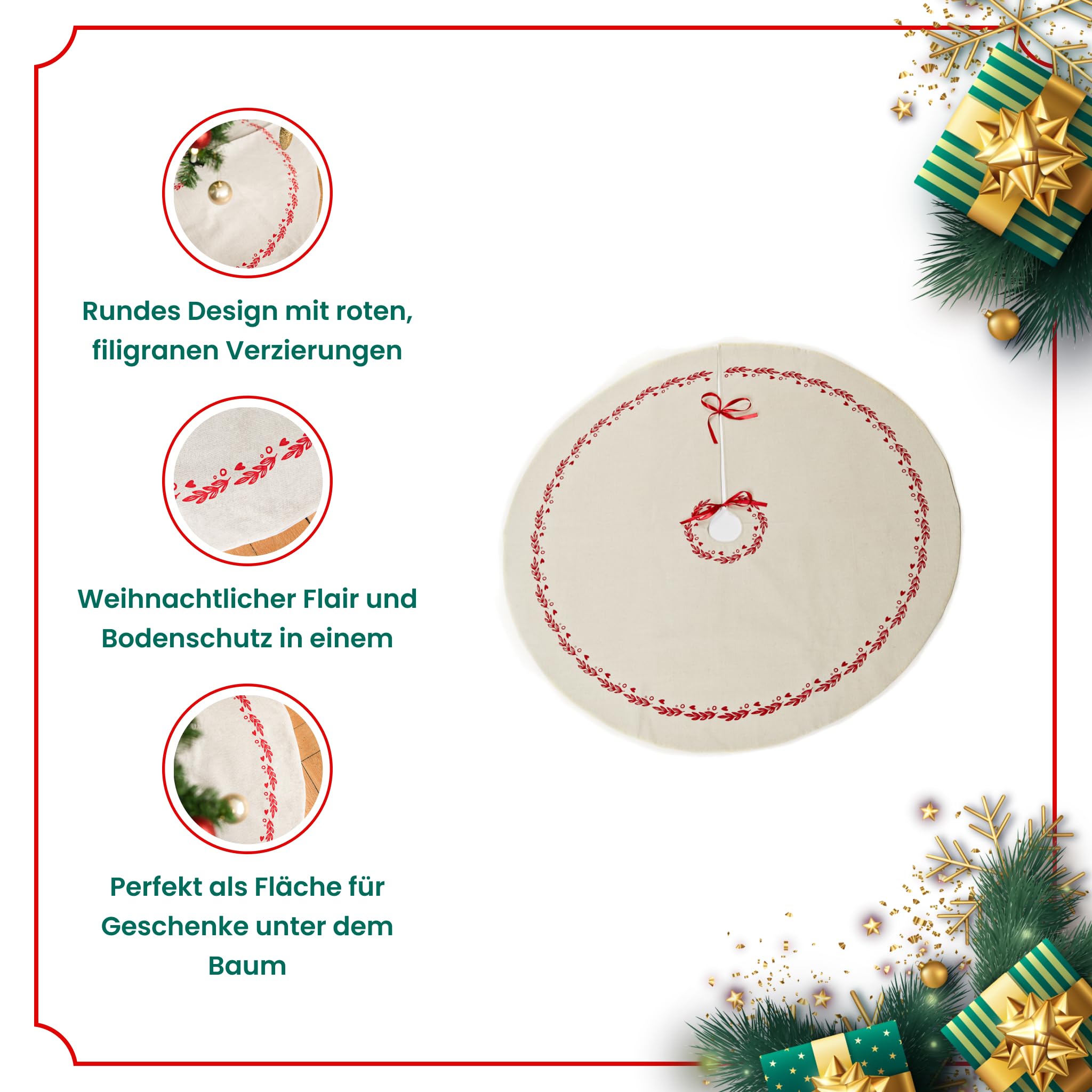 HEITMANN DECO - Round Linen Tree Blanket - Protection Against Pine Needles - Christmas Tree Underlay - Christmas - White, Red - Image 3