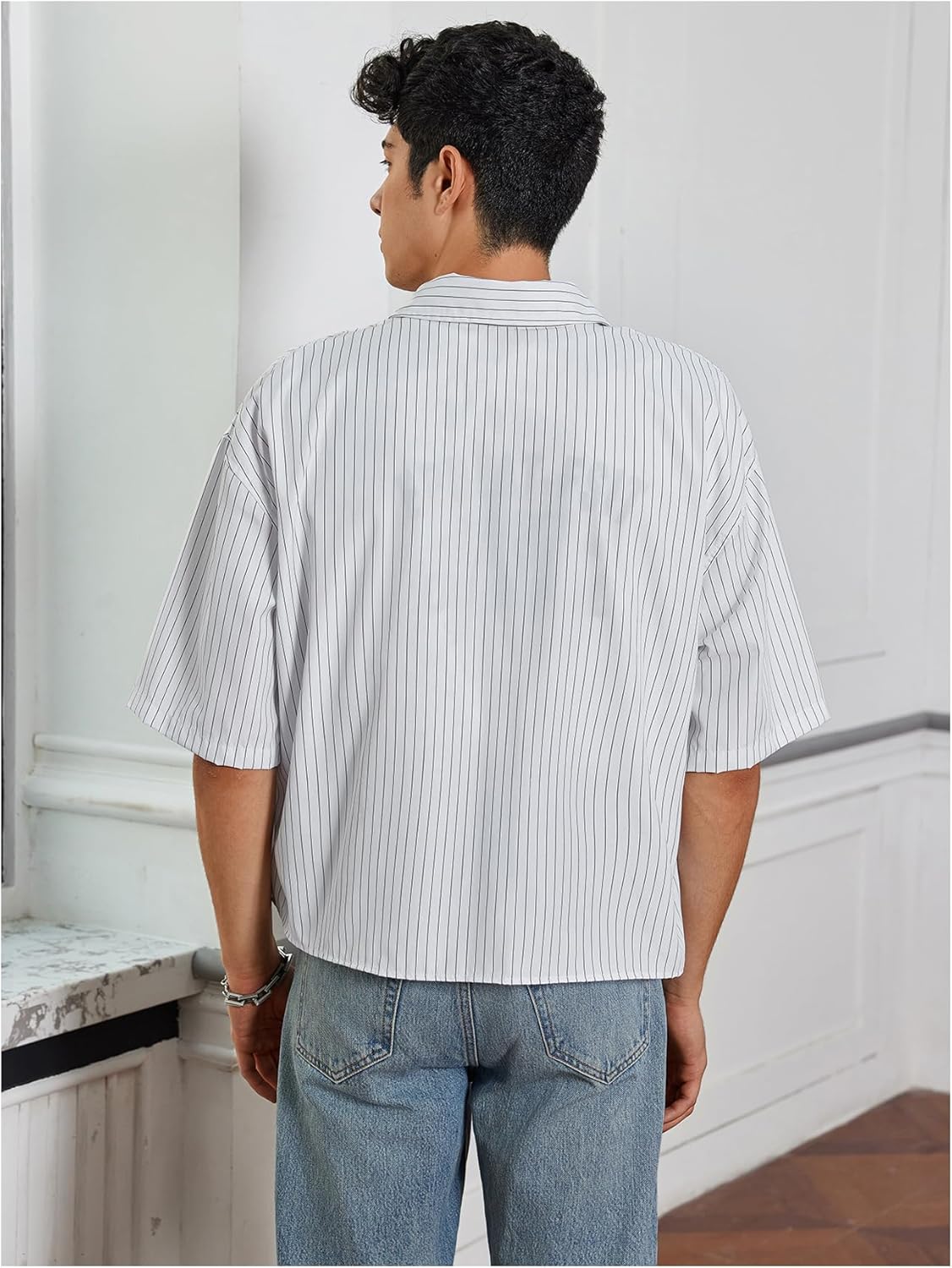 SweatyRocks Men's Striped Button Down Shirt Short Sleeve Collared Loose Fit Crop Shirt with Pocket - Image 2