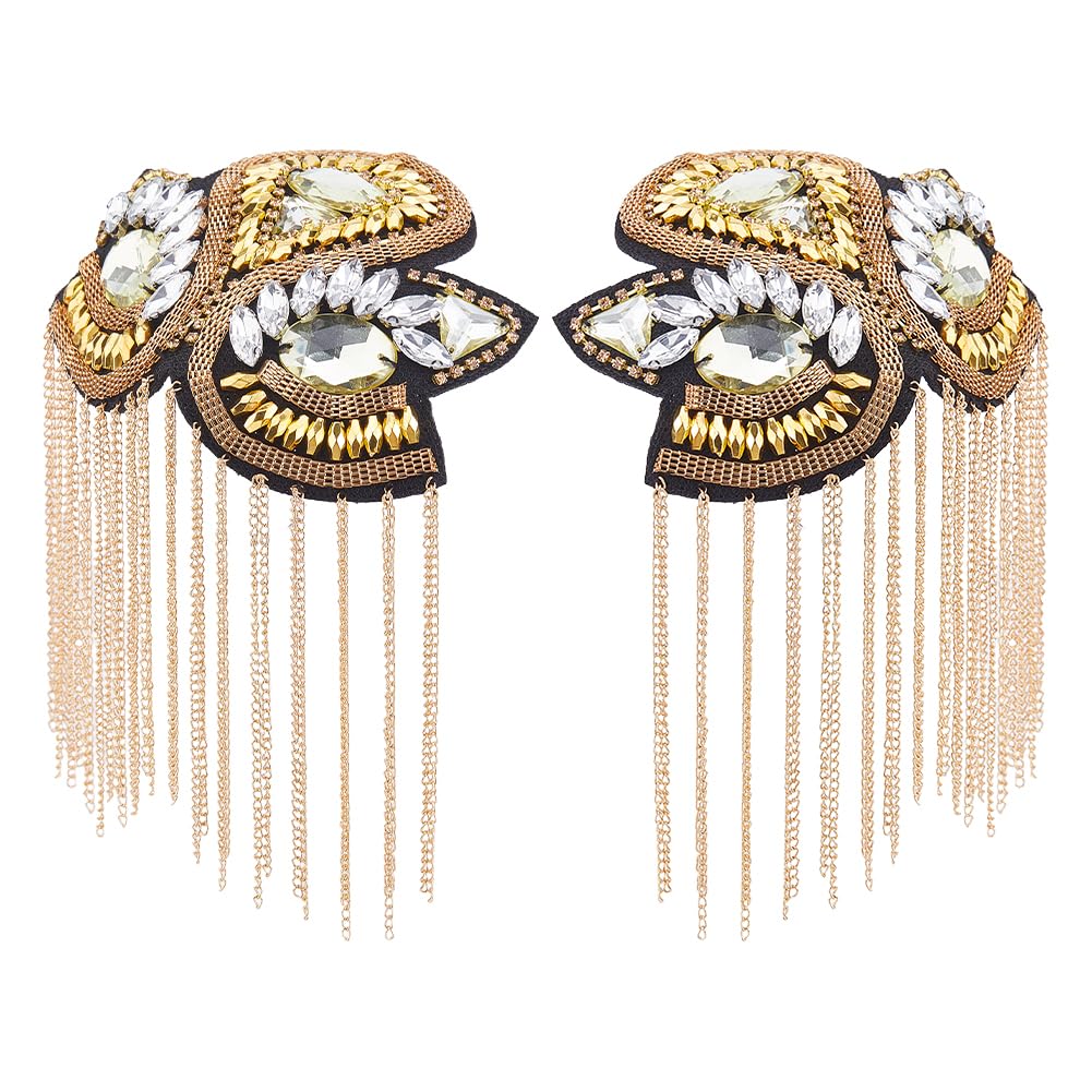 SUPERFINDINGS 2 pz Spalla Spallina Perline di Cristallo Catena Dorata Staccabile Ferro Nappa Spalline Retro Strass Spalla Badge con Spilla Vestito Medaglia Accessori