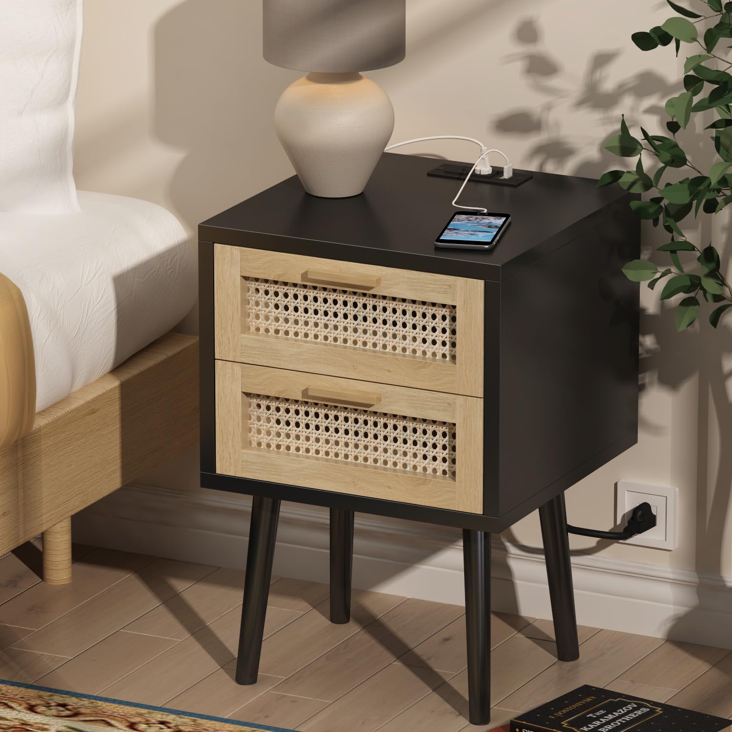ChooChoo Rattan Nightstand with Charging Station, Boho Bedside Table with 2 Drawers, Wood Accent End Side Table for Bedroom, Living Room and Small Spaces, Black