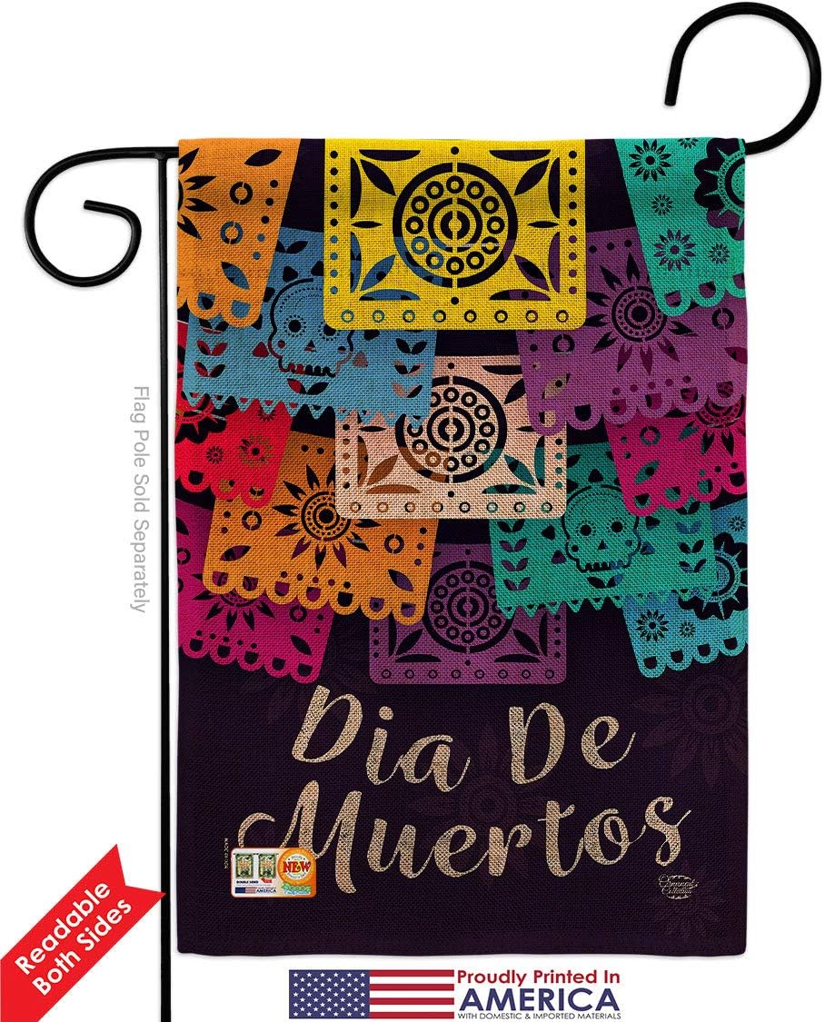 Dia De Muertos Burlap Burlap Garden Flag Set Wood Dowel Falltime Day of Dead Los Fiesta Mexican Party Autumntime Small Decorative Gift Yard House Banner Double-Sided Made In USA 13 X 18.5