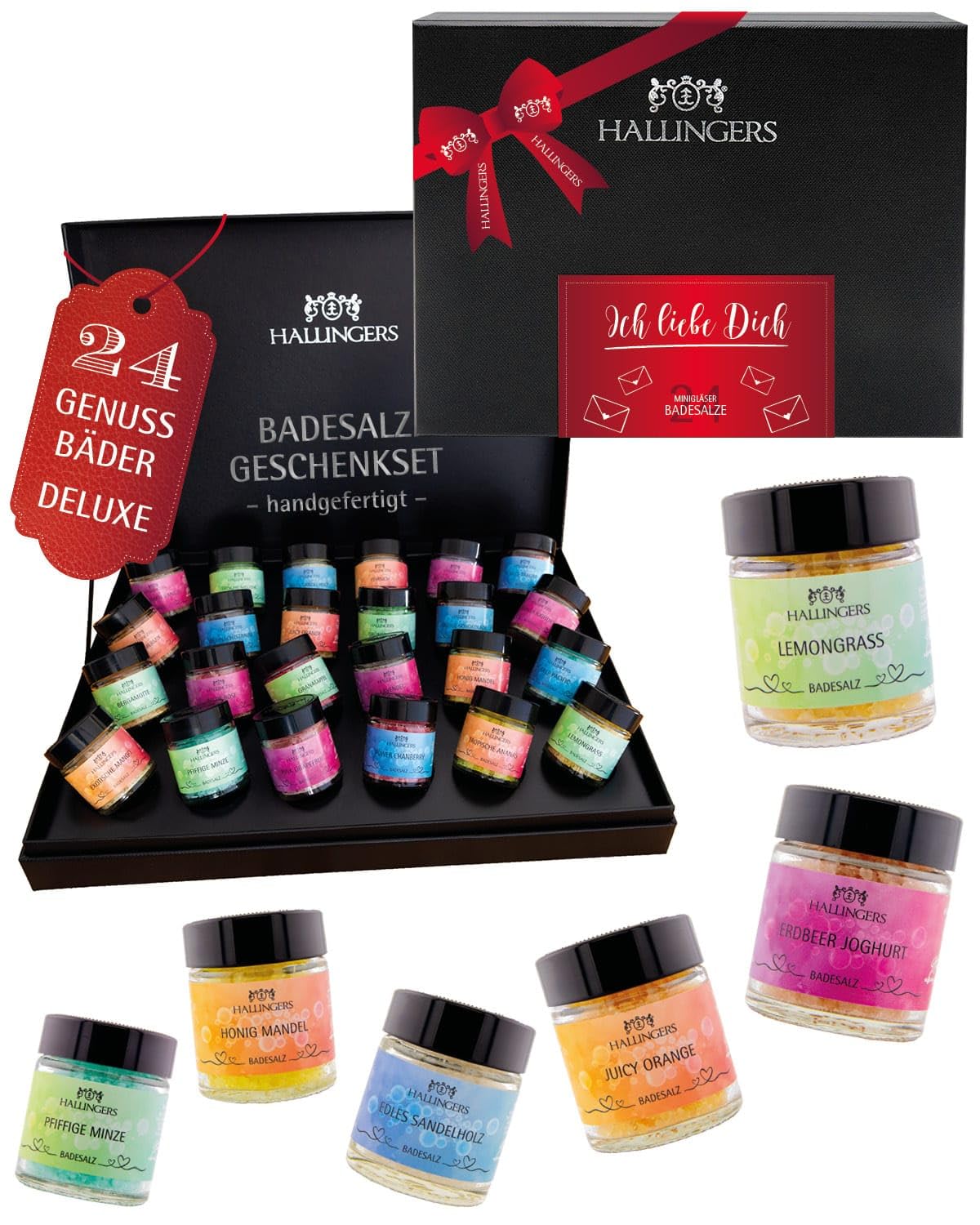 Hallingers Genuss Manufaktur Badesalze Valentinstagsgeschenk-Set - 24x Badezusatz mit Totes Meer Badesalz edle Geschenkbox, Badekristalle Fußbad & Spa "Ich Liebe Dich", Valentintstag für Frauen Männer