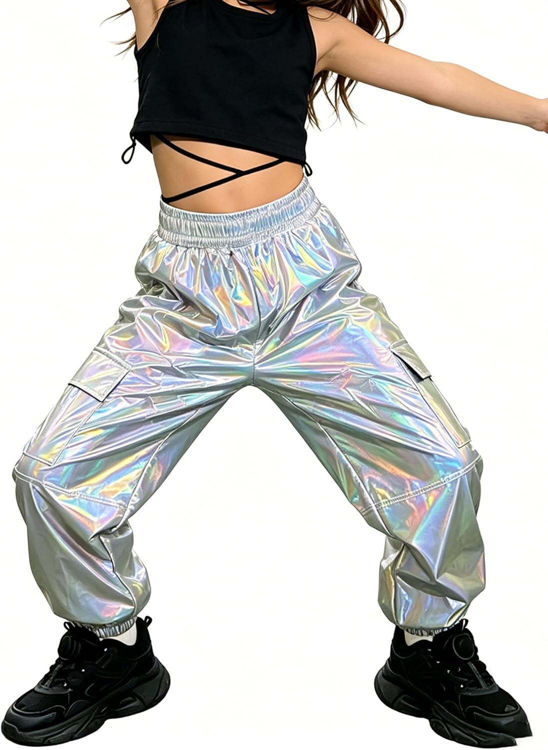 Agoky Kids Boys Girls Metallic Hip‑Hop Pants with Cargo Pockets