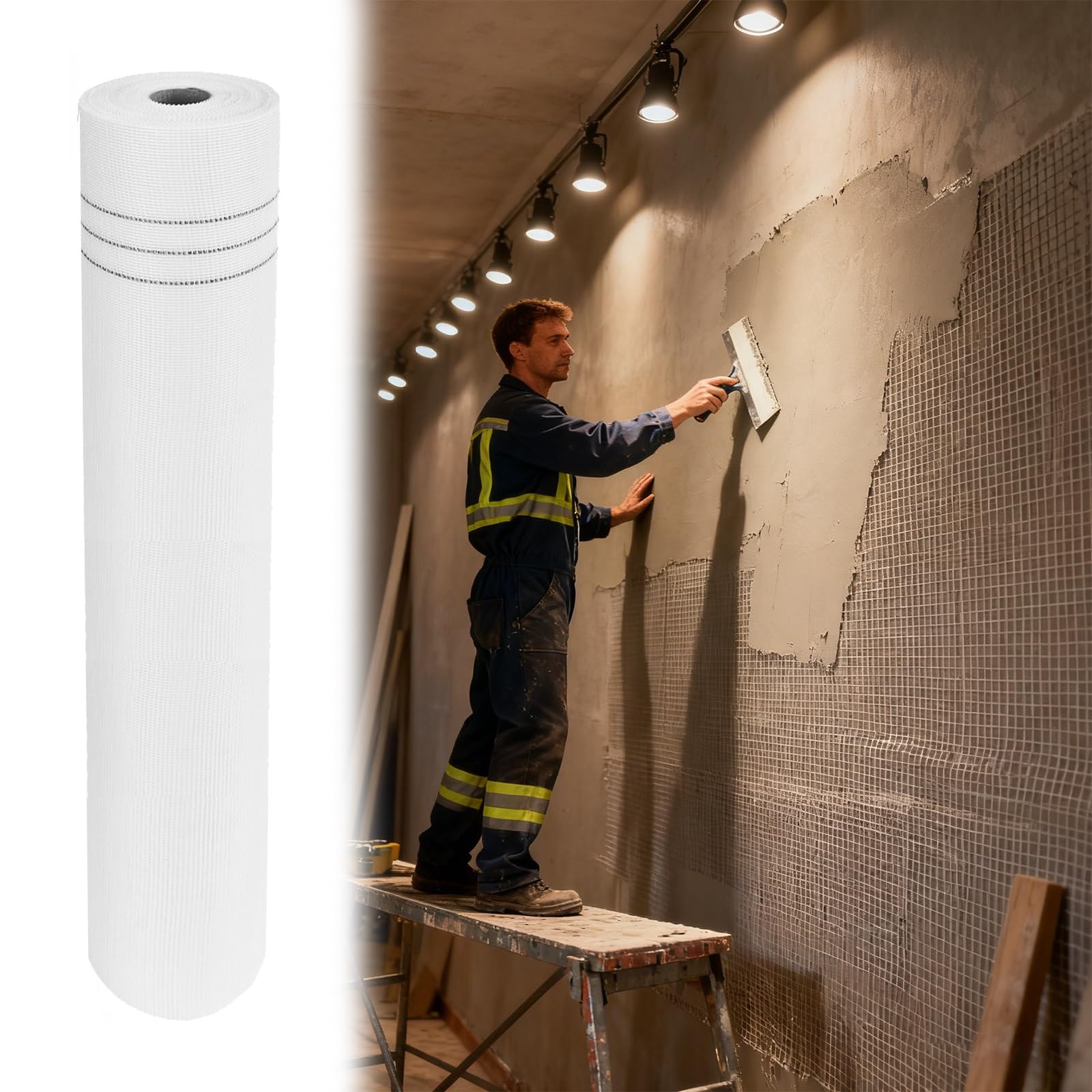 Rollo de malla de refuerzo de fibra de vidrio, adhesivo antigrietas for paneles de yeso, hormigón y yeso, 1 unidad | 1m x 30m (98 pies)(100mx0.4cm)