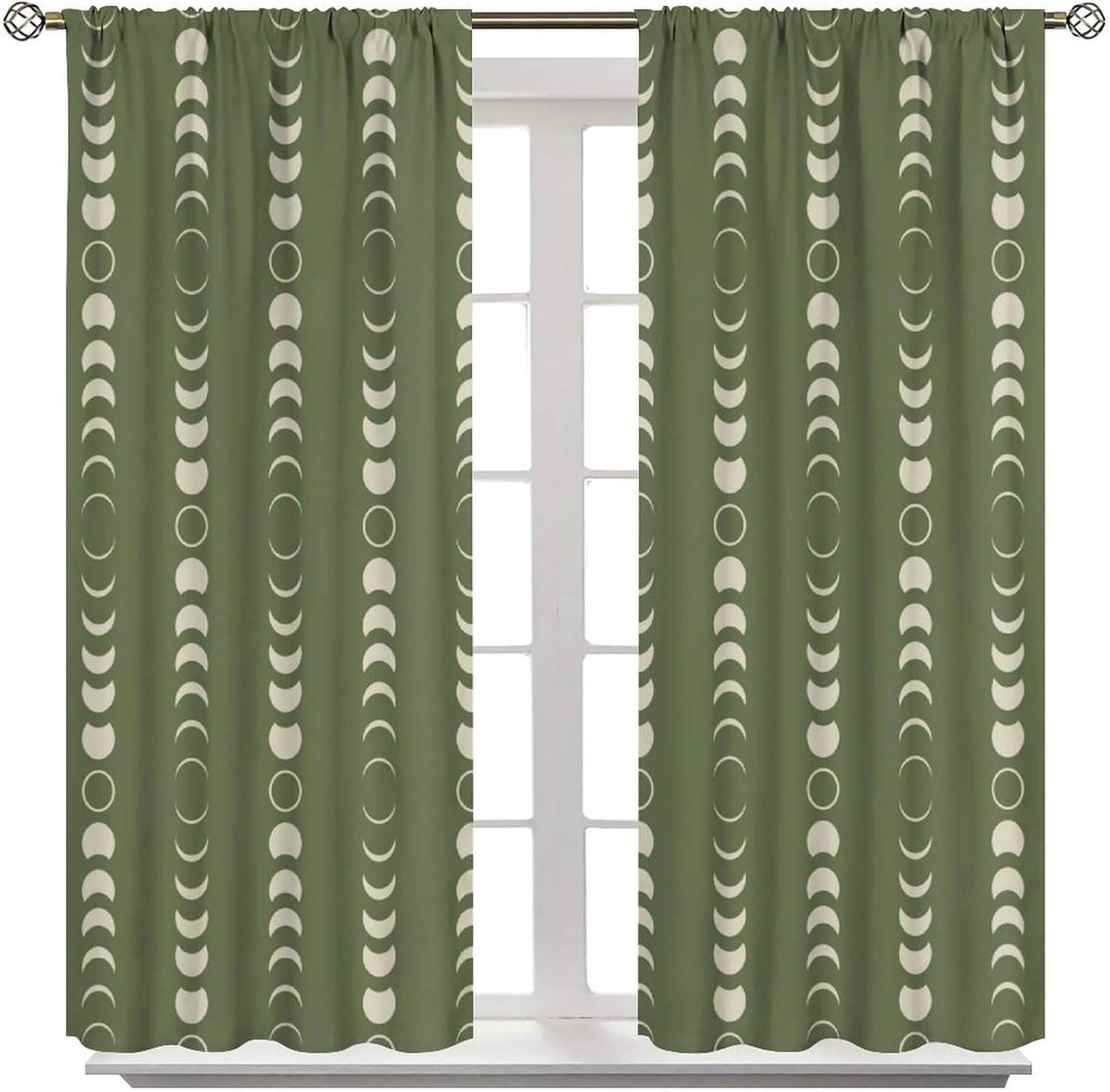Boho Moon Phases Curtains Sage Green Thermal Insulated Printed Rod Pocket Blackout Window Treatments for Nursery Bedroom Living Room 42" W X 45" L