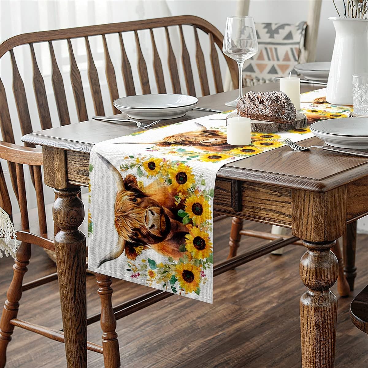 Feelyou Highland Cow Kitchen Dining Table Decor 13" x 120" Farmhouse Animals Table Runner Decor Highland Cattle Home Decor for Dresser Scarfs Dresser Runners Flower Table Decor for Kitchen Dinning