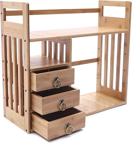 Miniatura 6 de Estantería de escritorio de bambú, estante de doble capa para encimera con 3 cajones, estante organizador de estantería de escritorio para oficina y